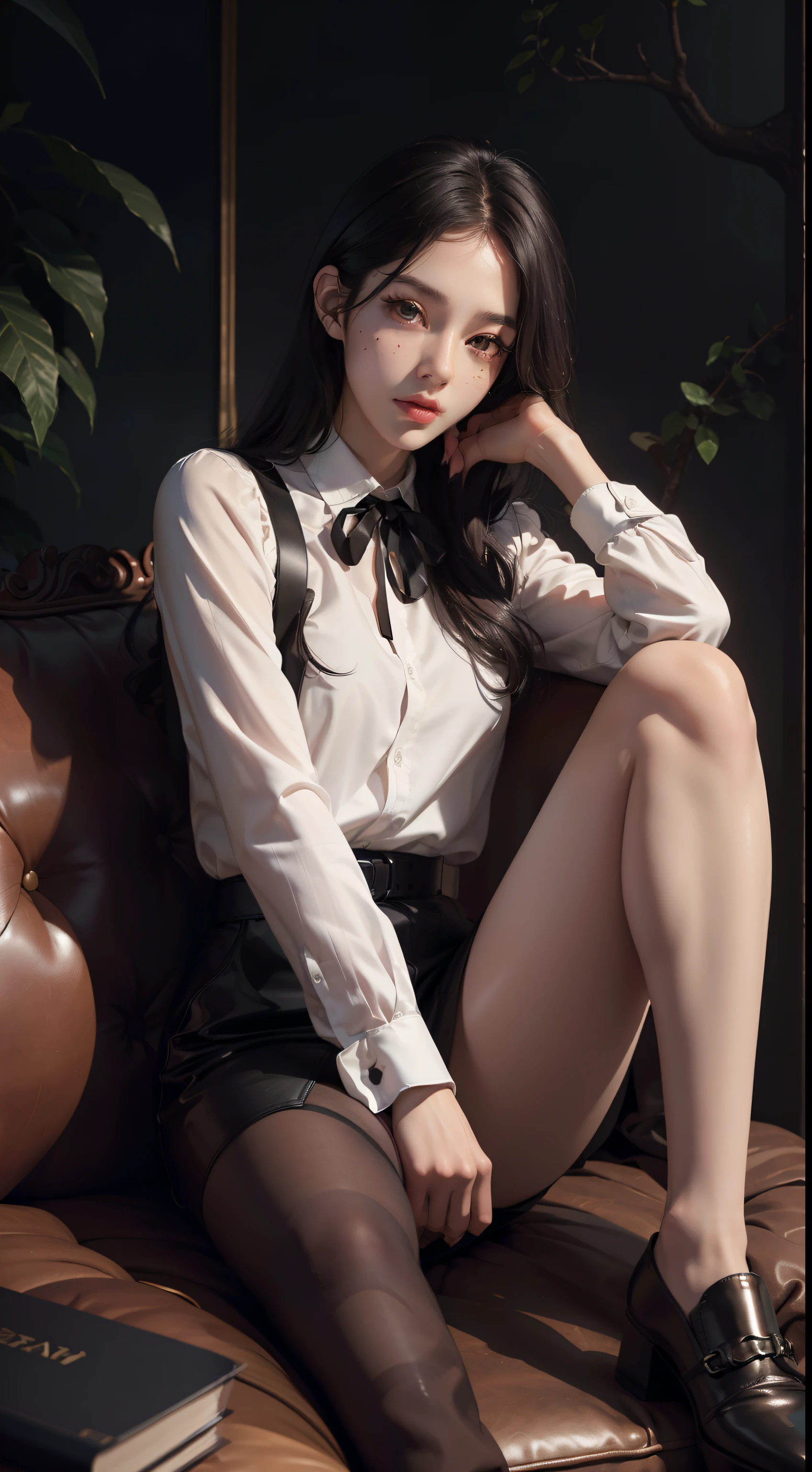 (Hyper-realistic), (Illustration), (High resolution), (8K), (Extremely detailed), (Best Illustration), Yol ( chain saw man ), (Beautiful detailed eyes), (Best Quality), (Ultra-detailed), (masutepiece), (Wallpaper), (Detailed face), Solo, Upper body, Focus on Face, 1 girl, Long Black Hair, Korean, Thin eyeshadow, A detailed eye, Brown eyes, Small moles under the eyes, very slender legs,Long sleeve shirt, Neckbow,  Small breasts,Black leather shoes, Dynamic Pose, low illuminance, Night, Dark, Clouds, a dark night,sit on sofa,Drinking black tea,Happy,