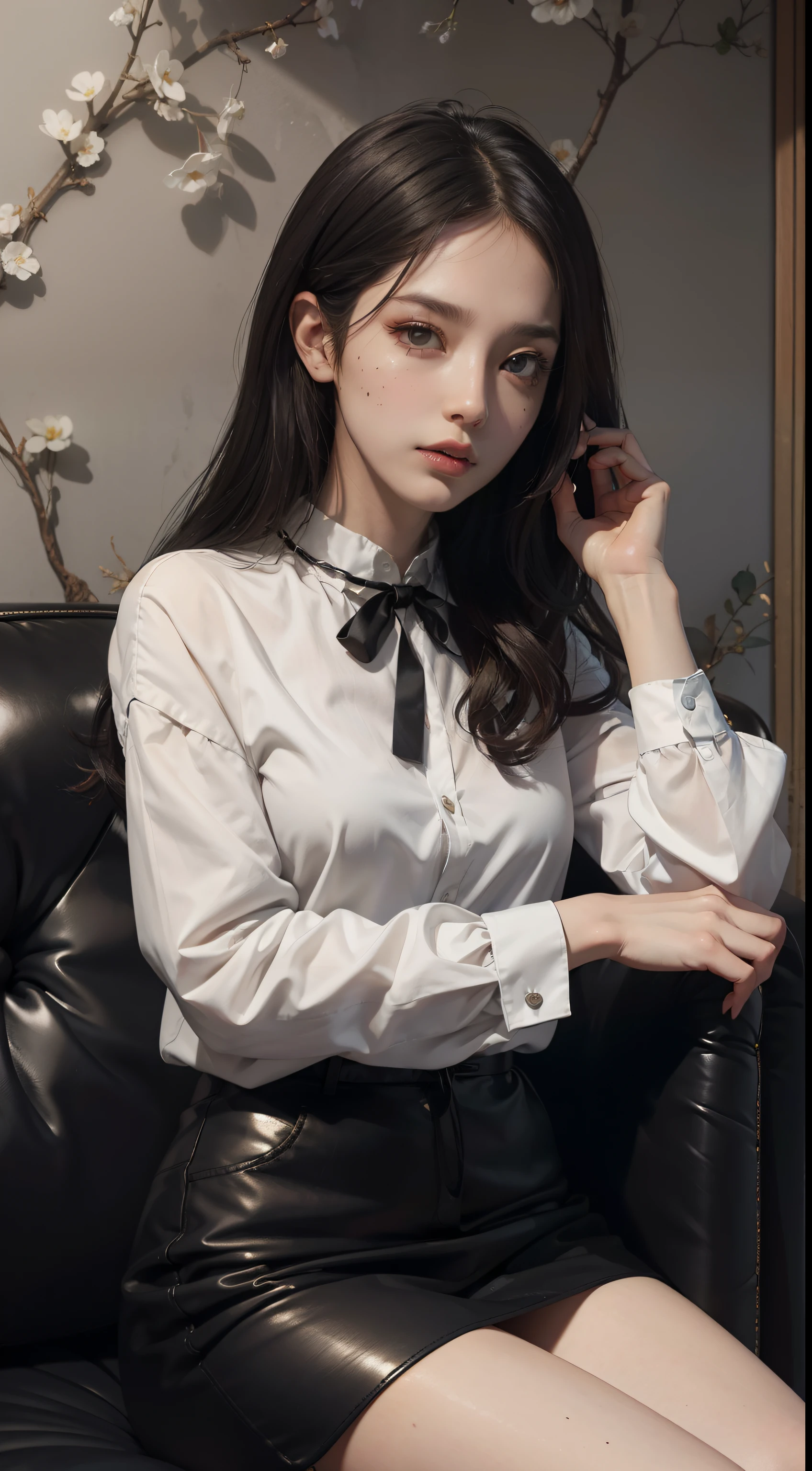 (Hyper-realistic), (Illustration), (High resolution), (8K), (Extremely detailed), (Best Illustration), Yol ( chain saw man ), (Beautiful detailed eyes), (Best Quality), (Ultra-detailed), (masutepiece), (Wallpaper), (Detailed face), Solo, Upper body, Focus on Face, 1 girl, Long Black Hair, Korean, Thin eyeshadow, A detailed eye, Brown eyes, Small moles under the eyes, very slender legs,Long sleeve shirt, Neckbow, Small breasts,Black leather shoes, Dynamic Pose, low illuminance, Night, Dark, Clouds, a dark night,sit on sofa,Drinking black tea,Happy,