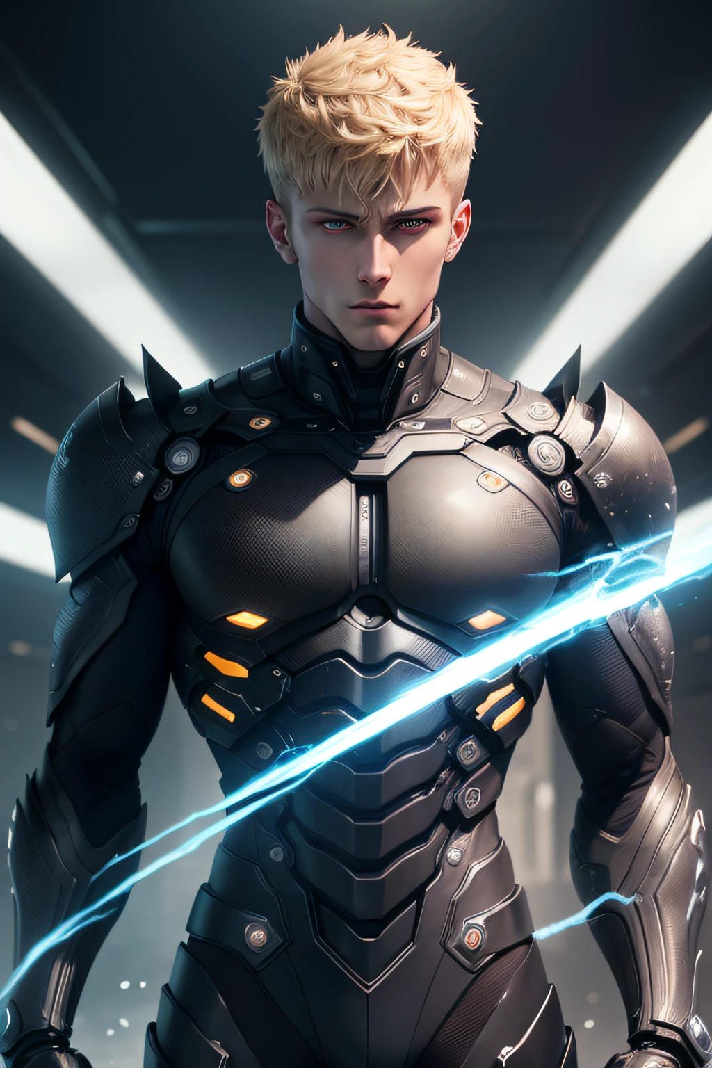 Genos, a man with a black mechanical body, blond hair, very handsome, detailed black mechanical eyes, detailed face, detailed body, (reality: 1.4), (A hyper-realistic), (high resolution), (8K), (highly detailed), ( Best Illustration), (detailed eyes), (ultra-detailliert), Bright lighting, Professional Lighting, scary face.