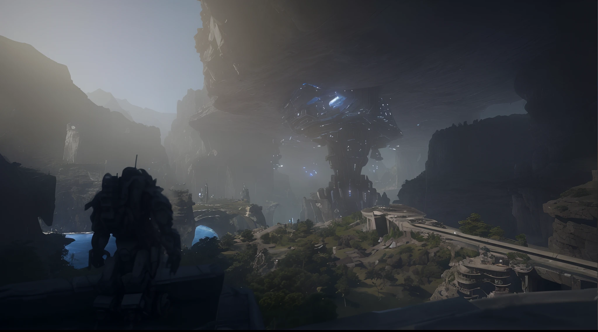 A mech stands on a bridge over a mountain, A large, new sci-fi city, vale, A cave, Underground modern urban ruins,Dense vegetation, Render in the Unity engine, rendered in unrealengine, megastructure in the background, Render in 32K Ultra HD, Futuristic setting.