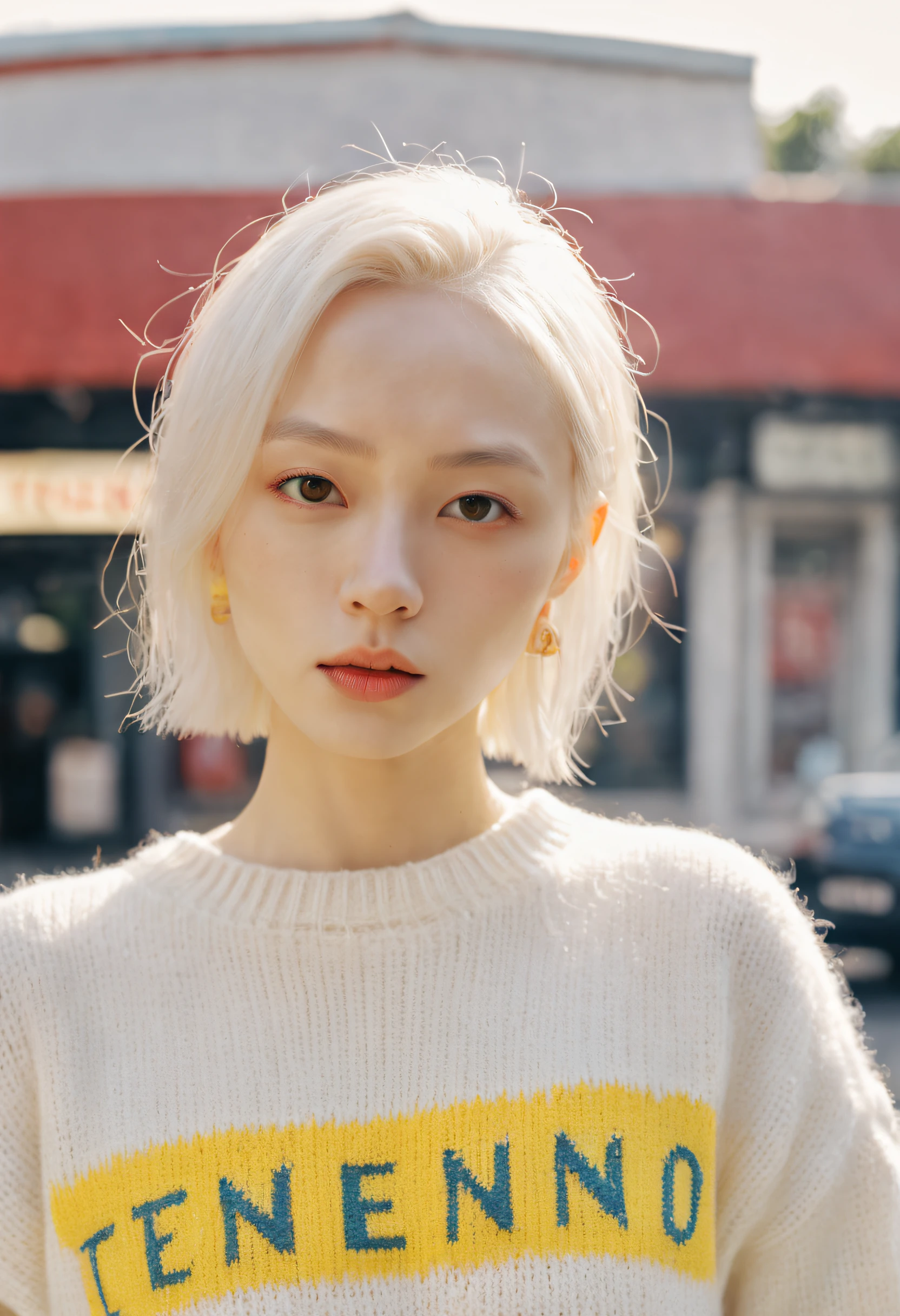 ((selfie)) photo , ((upper body selfie)), analog style (look at viewer:1.2) ,close up,pouted,cinematic, xxmixgirl, A young albino woman holding a neon sign that says "TensorArt" realism, cinematic outfit photo, cinematic pastel lighting, 80s neon movie still, knitted sweater