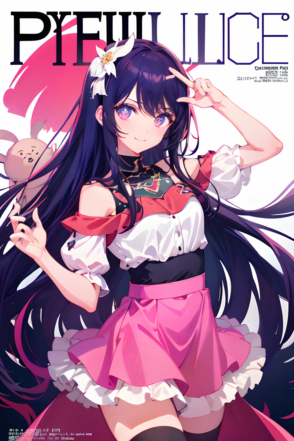 Mainly for girls, She is in the center of the poster, Hoshino Ai, Beautiful petite girl, liquid hair, Lightness in summer, Exposed shoulders, seductiv, Smile, Fashion, Girly style, young anime girl, Anime Girl, Perfect Purple Girl, Seductive Anime Girl, Cute anime girl, Cute Girl, (Fashion magazine cover:1.3), Pink high-waisted skirt, Pink short skirt, Black stockings, delicate accessories, Surreal Girl, Anime Girl, Realistic Girl, (Lazy girl, gaze at the audience, Faint smile: 1.3), Hair Accessories, (Stars in the eyes), front, Fantasy, Mid-Range End, (Colorful) (Best Quality: 1.2), Master works, (highly accurate: 1.1), 8K resolution, (rich detail), Delicate, White background, Noise Reduction, intricate-detail, Ultra-detailed, Very detailed, with an intricate, detaile, nffsw, fresh, Official art,split in two,A dark-haired,silber hair