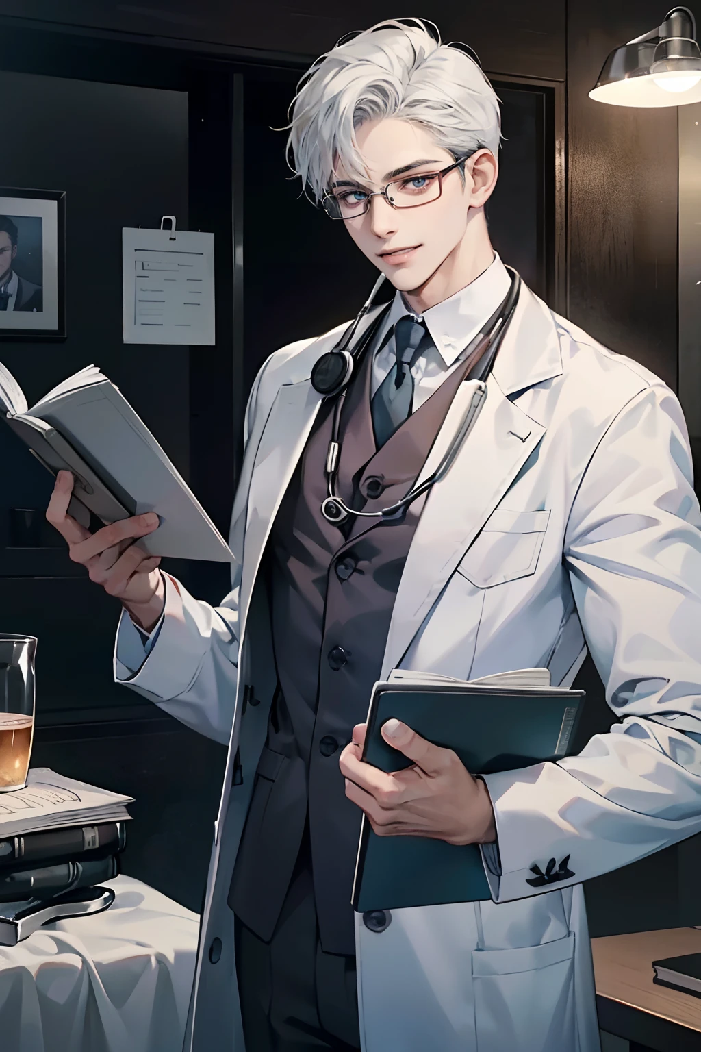 1 boy,Handsome face, perfect male body,look at the camera, (Evil smile,Doctor, white coat, notebook in hand,stethoscope, eyeglasses),hospital ward,Dim light,dark room,masterpiece,half body, portrait,Ray tracing