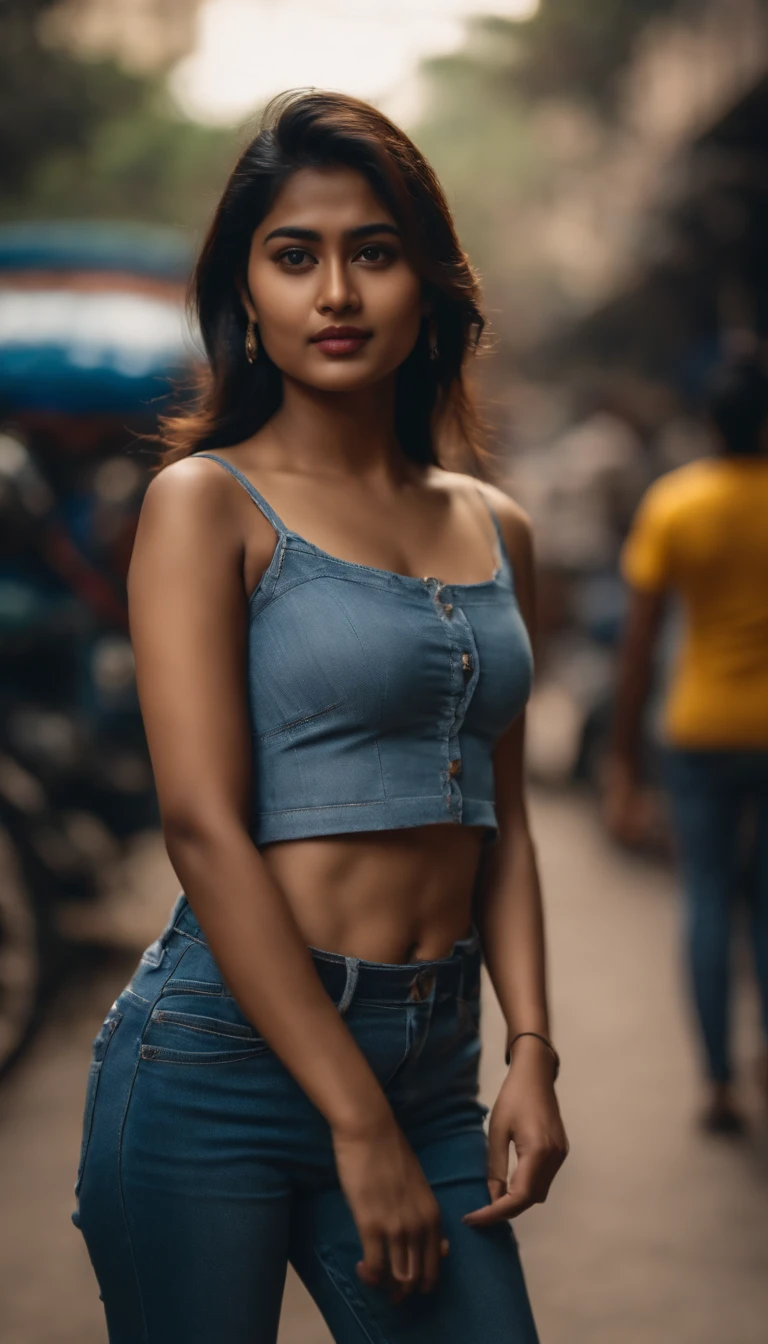 A sexy asian girl, in the streets of India Mumbai, wearing a crop top and jeans, detailed, 4k