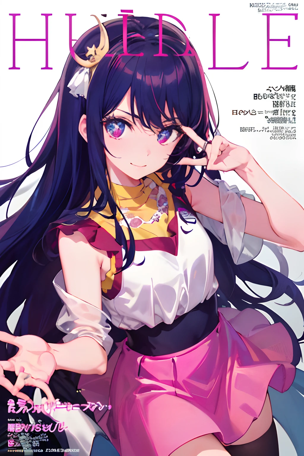 Mainly for girls, She is in the center of the poster, Hoshino Ai, Beautiful petite girl, liquid hair, Lightness in summer, Exposed shoulders, seductiv, Smile, Fashion, Girly style, young anime girl, Anime Girl, Perfect Purple Girl, Seductive Anime Girl, Cute anime girl, Cute Girl, (Fashion magazine cover:1.3), Pink high-waisted skirt, Pink short skirt, Black stockings, delicate accessories, Surreal Girl, Anime Girl, Realistic Girl, (Lazy girl, gaze at the audience, Faint smile: 1.3), Hair Accessories, (Stars in the eyes), front, Fantasy, Mid-Range End, (Colorful) (Best Quality: 1.2), Master works, (highly accurate: 1.1), 8K resolution, (rich detail), Delicate, White background, Noise Reduction, intricate-detail, Ultra-detailed, Very detailed, with an intricate, detaile, nffsw, fresh, Official art,split in two,A dark-haired,silber hair