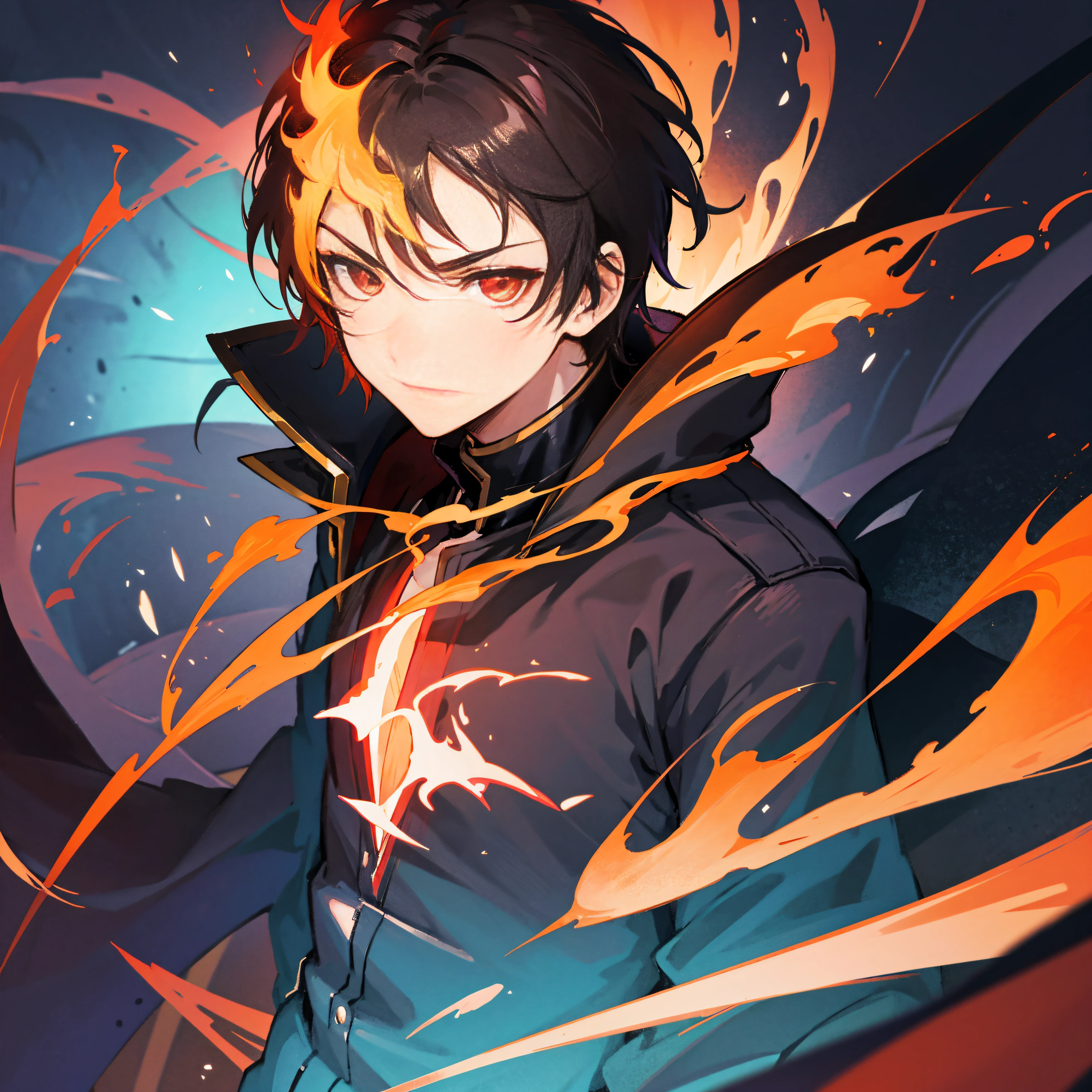 anime boy, daemon, flames of aura, dark environment, flames from glowing eyes, dark hair