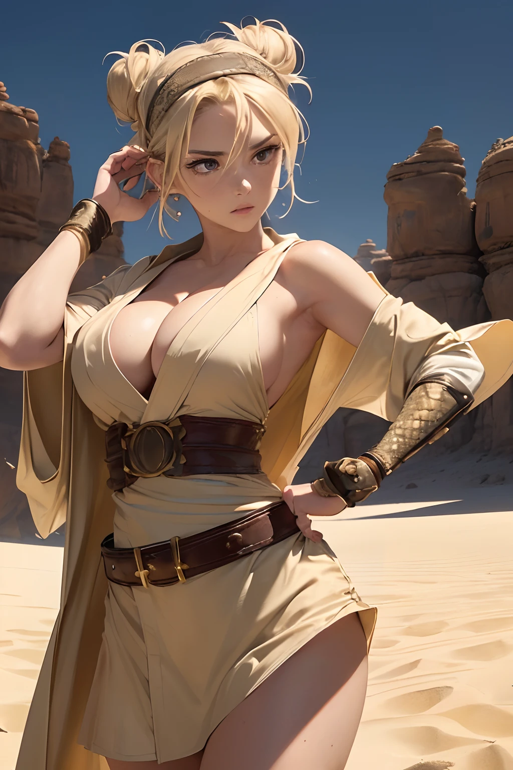 ((masterpiece, best quality, cinematic, photorealistic, ultra-detailed)), ((medium shot:1.5)), ((perfect anatomy, perfect eyes, perfect hands, large cleavage, round legs, round ass)), ((alluring girl kunoichi)), ((sandy blonde hair, pulled back into a tight bun, with a few loose strands falling around her face)), ((a beige and sand-colored ninja robe:1.2)), ((snake-shaped arm guards, a desert-themed headband, and a belt with hidden compartments)), ((dynamic background:1.3)), ((sensual pose))