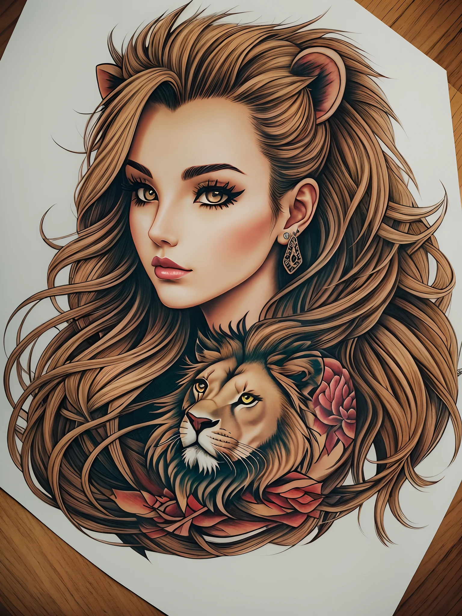 Lion tattoo art, cute lady --auto --s2