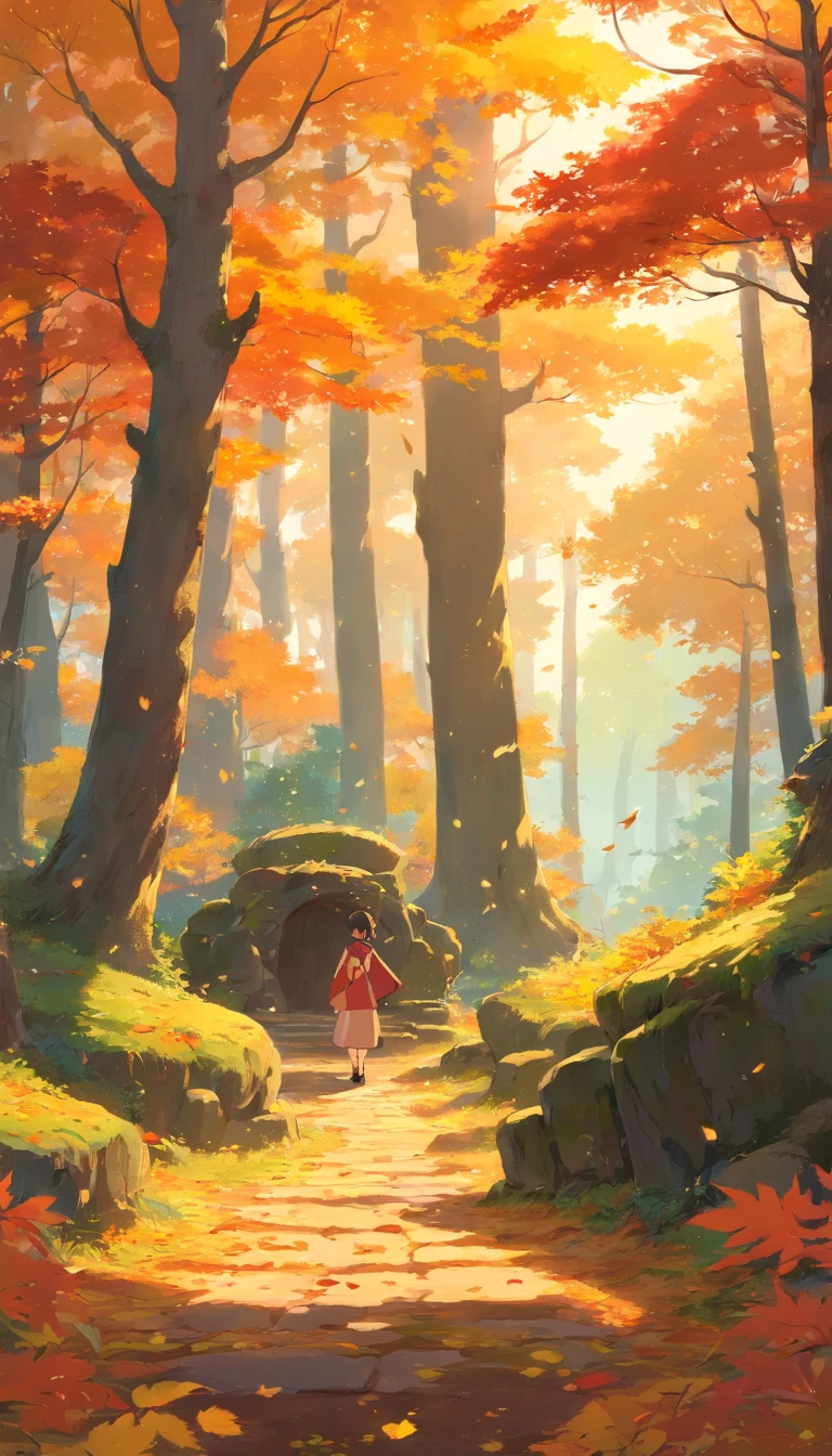dragon,Best quality,Ultra-detailed,Realistic,landscape,Autumn,Beautiful warm colors,Sunlight shines through the trees,vibrant foliage,Tranquil atmosphere,Fresh air,subtle mist,Fallen leaves cover the earth,The sun peeps through the canopy,Dappled light,Quiet silence,Sturdy trunk,Majestic branches stretch out to the sky,Cascading leaves float gently in the air,Delicate autumn leaves dance in the wind,Rich bark texture,Lovely orange tones,Red,and yellow,Colorful foliage covers the forest floor,Leaves rustle and whisper,Mossy rocks and fallen logs,Golden hour lighting,a peaceful and serene atmosphere.