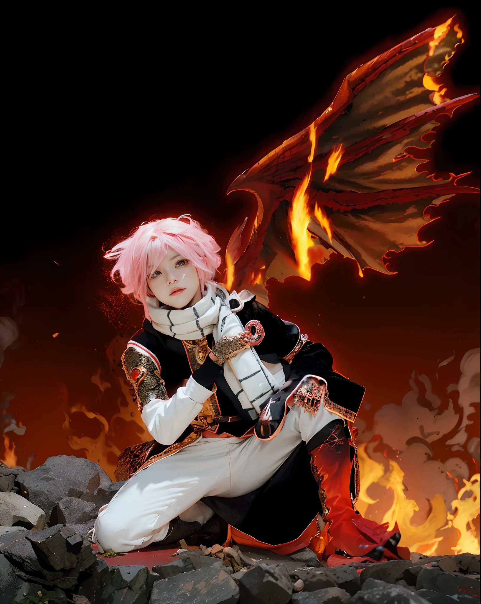 (Natsu _fairytail)),((realistic, photorealistic)),(Steel mask )), Light reflection, (( mask light)), navel, detached sleeves,((upper body)), (((best quality, masterpiece))), Looking for viewers, Burning fire, red gradient, fire element, Standing on a rock, fire debris, Red aura,Dragon feet, dragon wings,