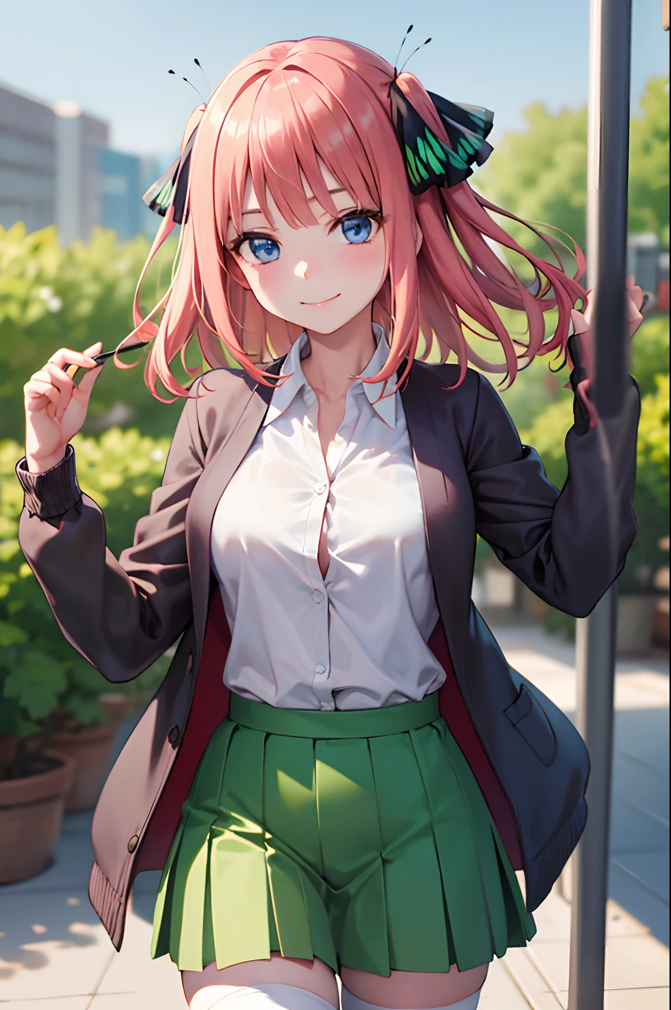 (Masterpiece, Best quality:1.2), Cowboy shot, Solo, 1girll, nakano nino, Smile, Closed mouth, view the viewer, hand in own hair, Butterfly hair ornaments, Open clothes, Cardigan, White collared shirt, Green skirt, white thighhighs