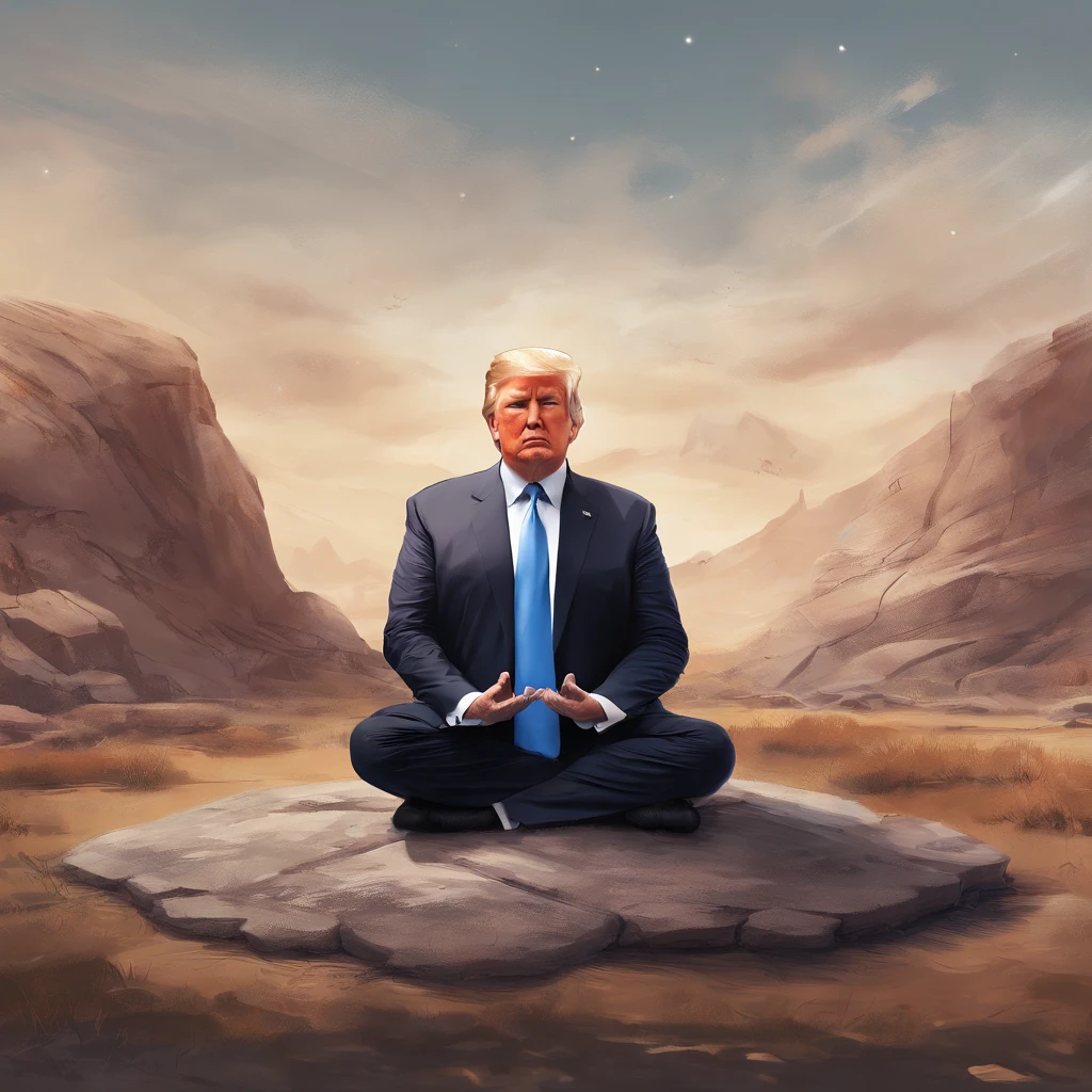 Realistic portrait of Donald Trump meditating on a flat rock.