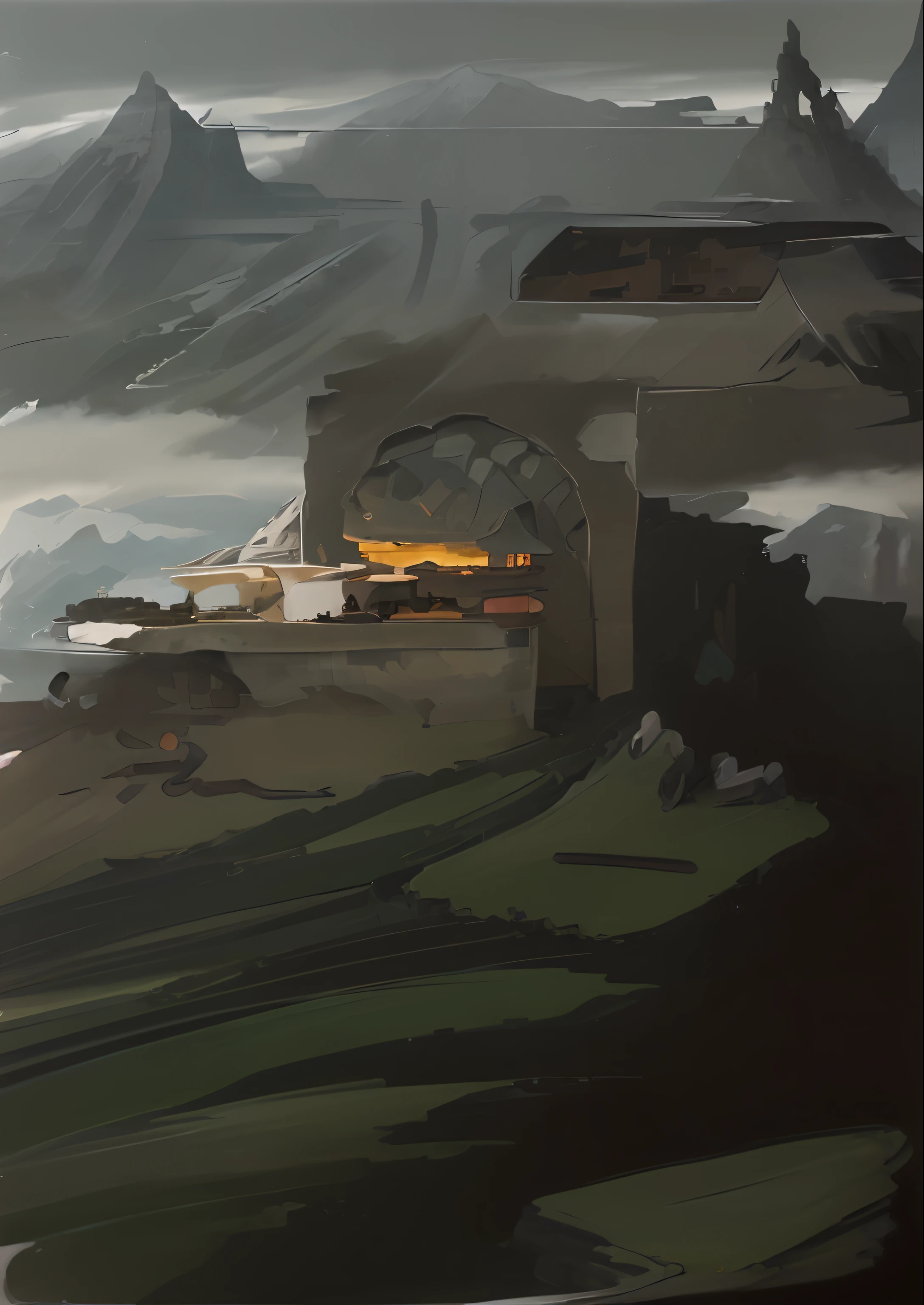 landscape,The mountain structure is composed of pictures,style of anime,In Studio Ghibli style,Highly detailed professional majestic oil painting by Ed Blinkey,Atey GhailanStudio Ghibli,Written by Jeremy Mann,GreoManchess,Antonio Moro,Trends on ArtStation: Midjourney and Greg Rutkowski's Trends on CGSociety,复杂,high detal,sharp,The art of dramatic painting