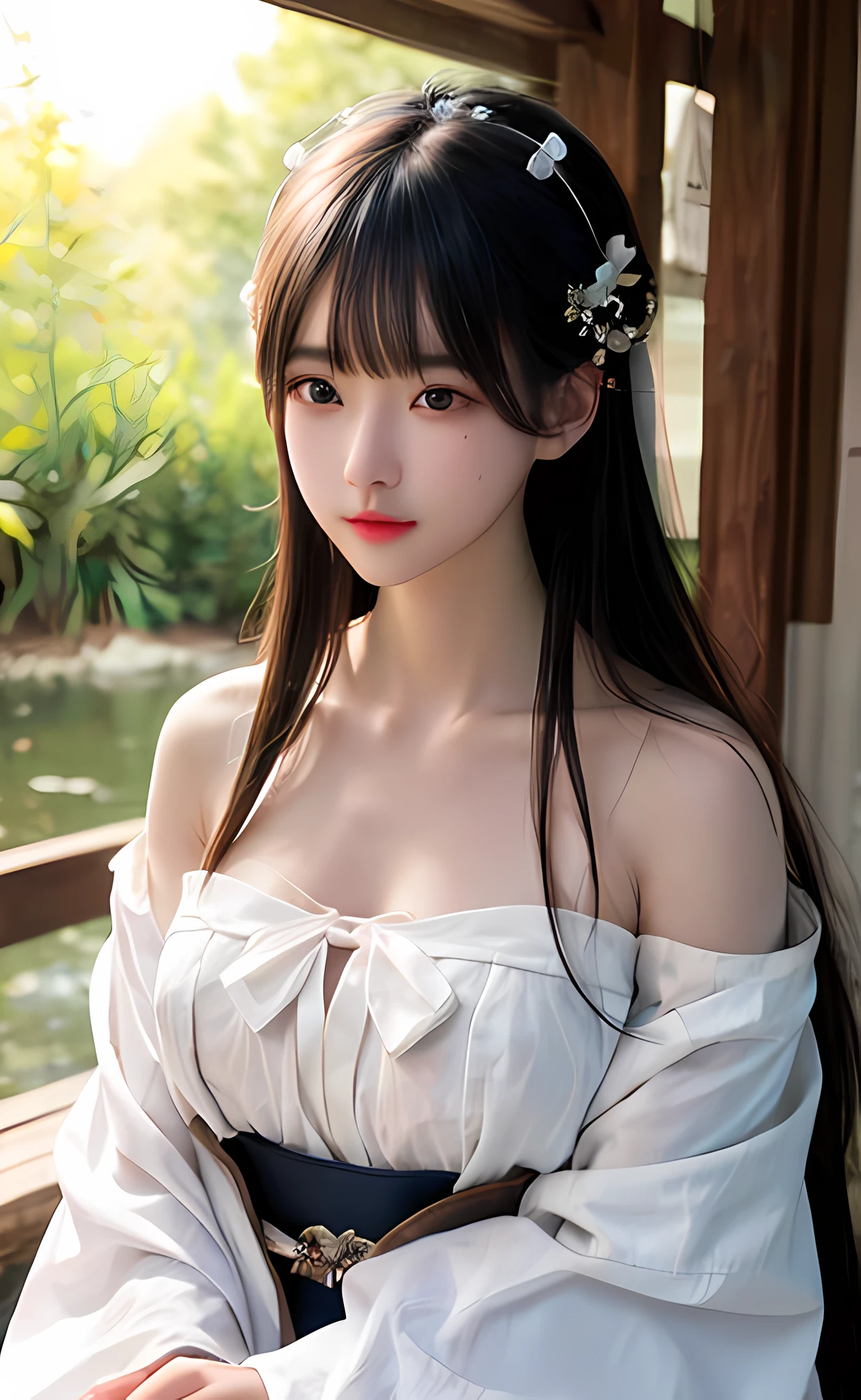 best quality、tmasterpiece、ultra high resolution、actual、1 girl、Glossy skin、((Surreal detailed))、Global photo、8K、Highly complex details、shinning eyes、Black straight hair、highkey、pureerosfaceace_v1、A smile、Elegant pose、plump breasts、White ultra-thin transparent lace、Lots of flowers in the background