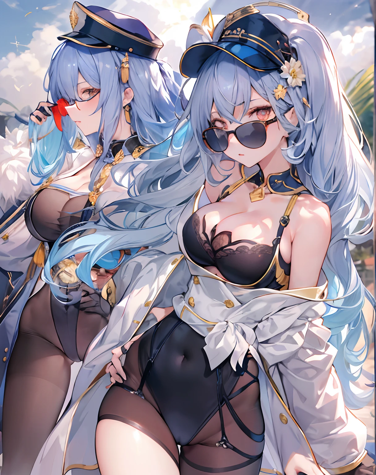 tmasterpiece,1 woman,独奏,long whitr hair,blue hairs,sun glasses,big breasts exposed cleavage:1.2,mob cap,Bedrooms,hand on hips,art,Big breasts,Beautiful breasts,Big breasts Thin waist,Cocked buttocks,beautifullegs,Long-legged royal sister,Ultramammy