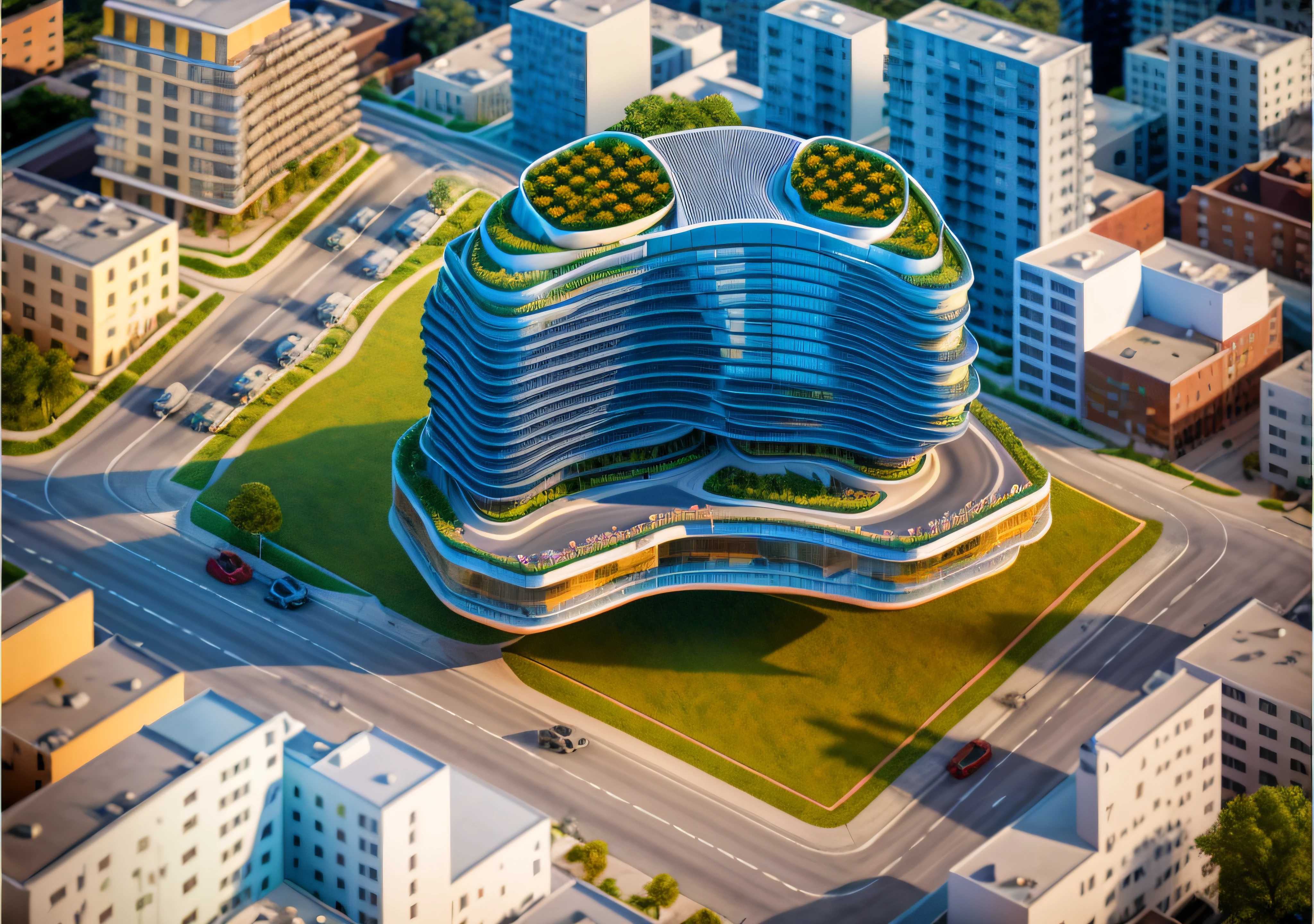 Complex building with the apartment block has a balcony planted with trees above,terraces,in the style of futuristic cityscapes, perfect angle curve, edge curve,green landscape, city coverage, road with many cars, daylight was sunny, cloudy, and the rays fell on the building, extremely detailed,best quality,masterpiece,high resolution,8k,best quality,high resolution,hyper-realistic,photo real,highly detailed,