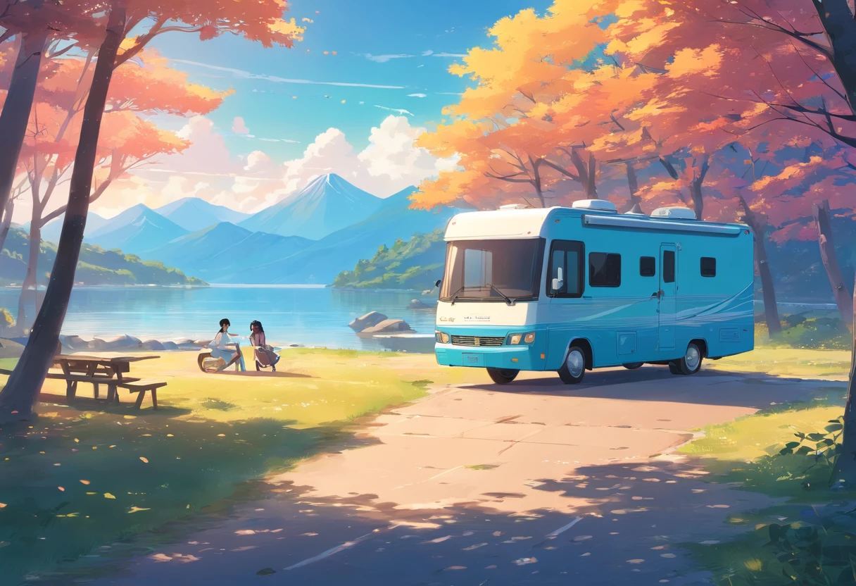 RV motors, (RV home), Near the lake at the campsite, Cinematic scenes, Dramatic color gradients, Masterpiece, vibrant