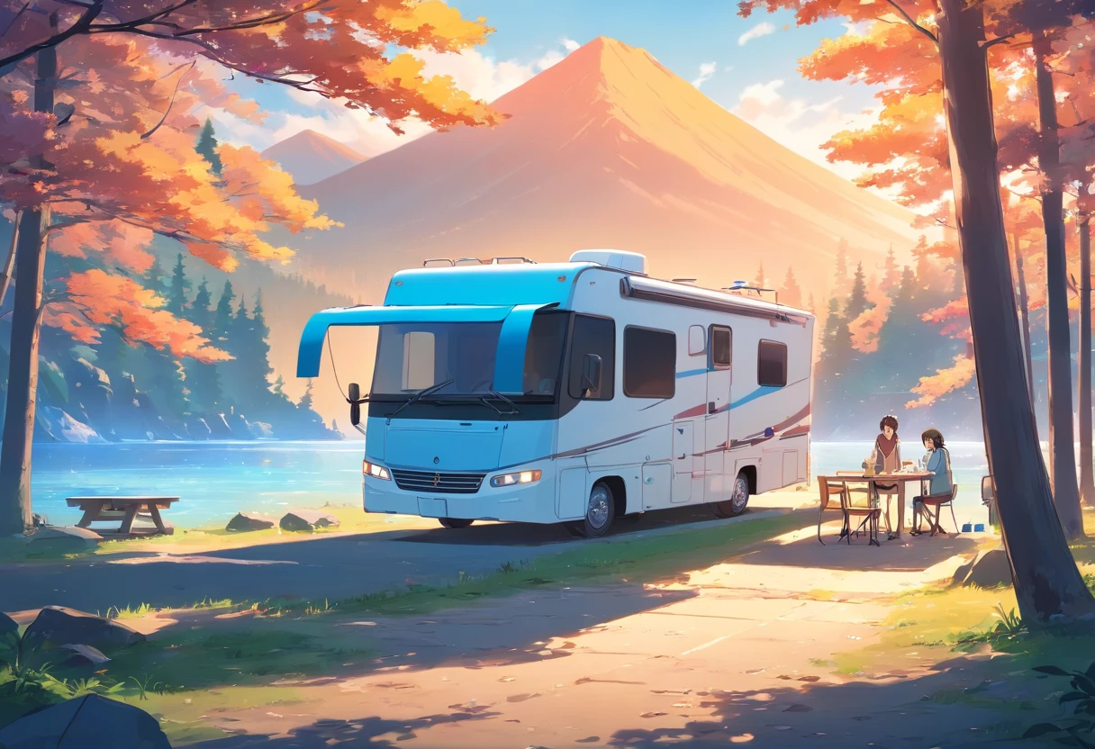 RV motors, (RV home), Near the lake at the campsite, Cinematic scenes, Dramatic color gradients, Masterpiece, vibrant