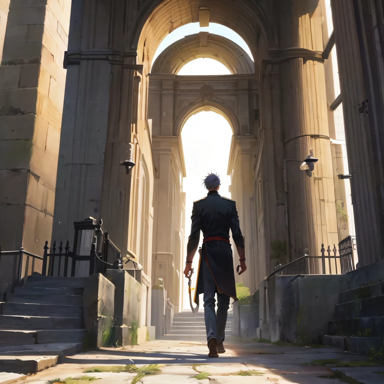 The male protagonist walked towards the prison gate,The picture shows the back of a man,The name of the prison can be seen