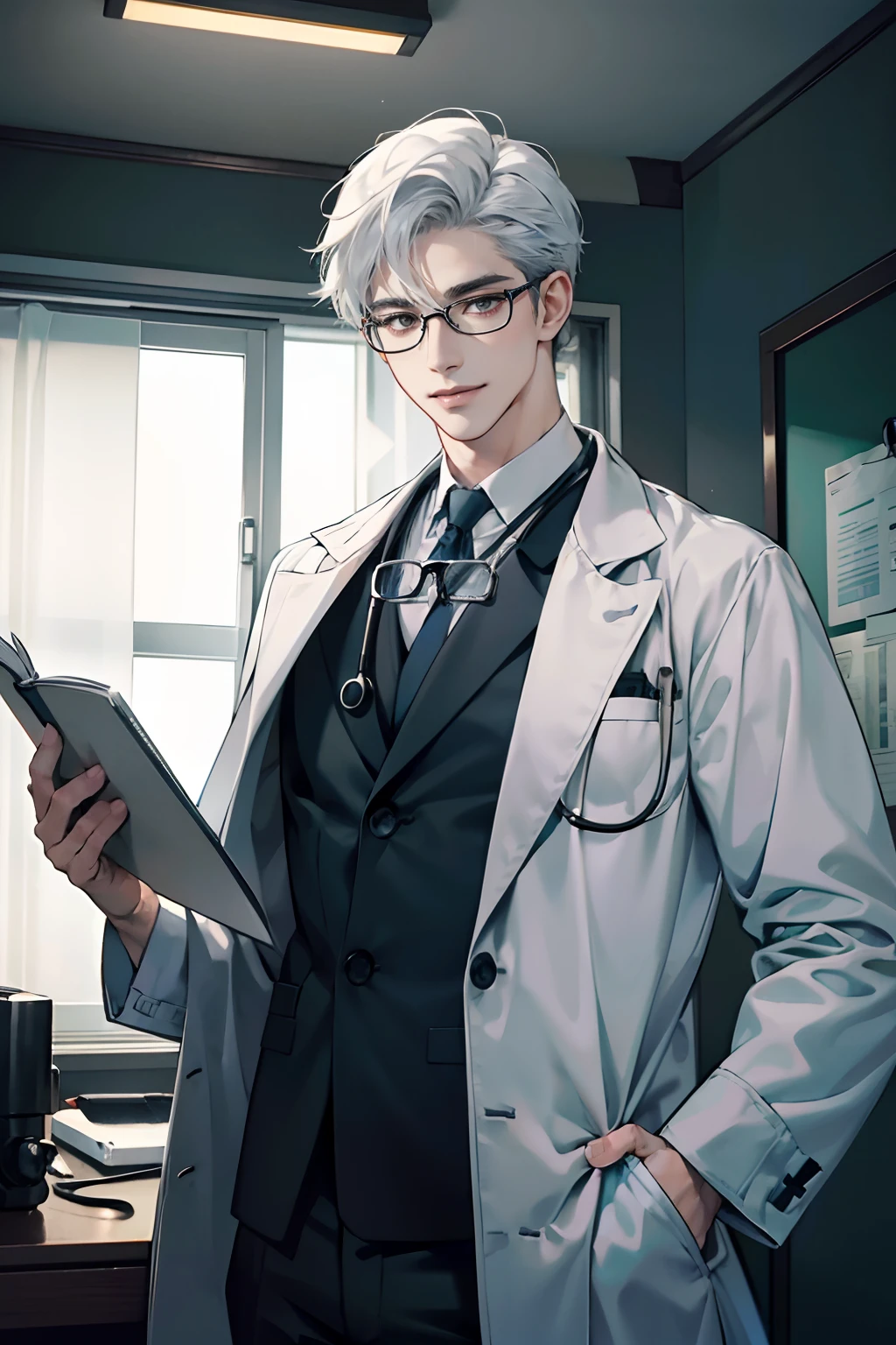 1 boy,Handsome face, perfect male body,look at the camera, (Evil smile,Doctor, white coat, notebook in hand,eyeglasses,hospital ward), stethoscope, Dim light,dark room,masterpiece,half body, portrait,Ray tracing