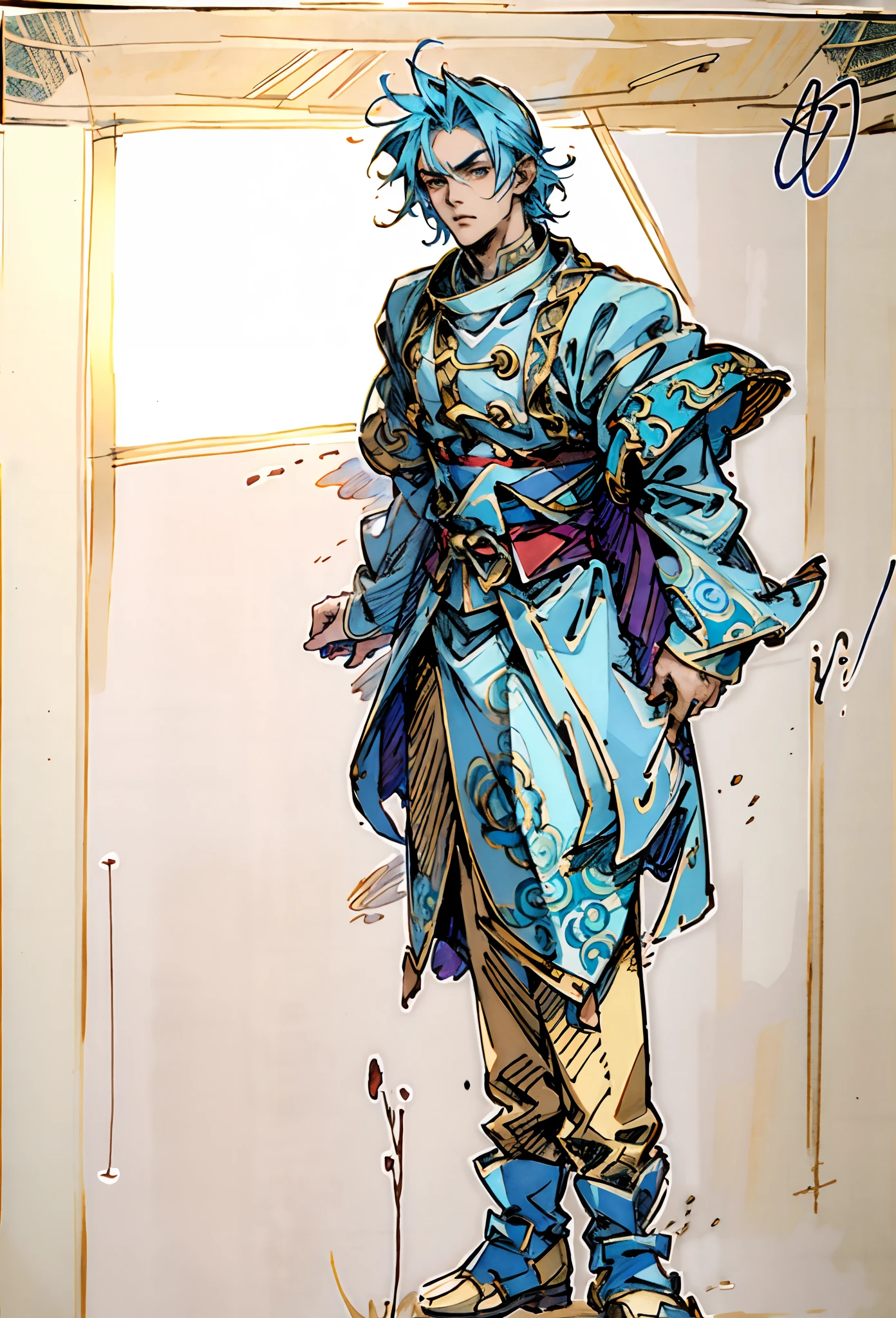 A young man with short aquamarine hair, sharp eyebrows, starry eyes, radiating a righteous aura, a two-piece fantasy wuxia-style outfit, featuring a traditional Chinese martial arts long gown, a wide overcoat, flowing sleeves, the color scheme is mainly red and white, with yellow as secondary colors, matching trousers, sturdy cloth boots, the background depicts a dreamy pattern of geometric symbols and stars, this character embodies a finely crafted fantasy-style Chinese martial hero in anime style, characterized by an exquisite and mature manga illustration art style, full body character drawing, high definition, best quality, highres, ultra-detailed, ultra-fine painting, extremely delicate, professional, anatomically correct, symmetrical face, extremely detailed eyes and face, high quality eyes, creativity, RAW photo, UHD, 8k, Natural light, cinematic lighting, masterpiece:1.5