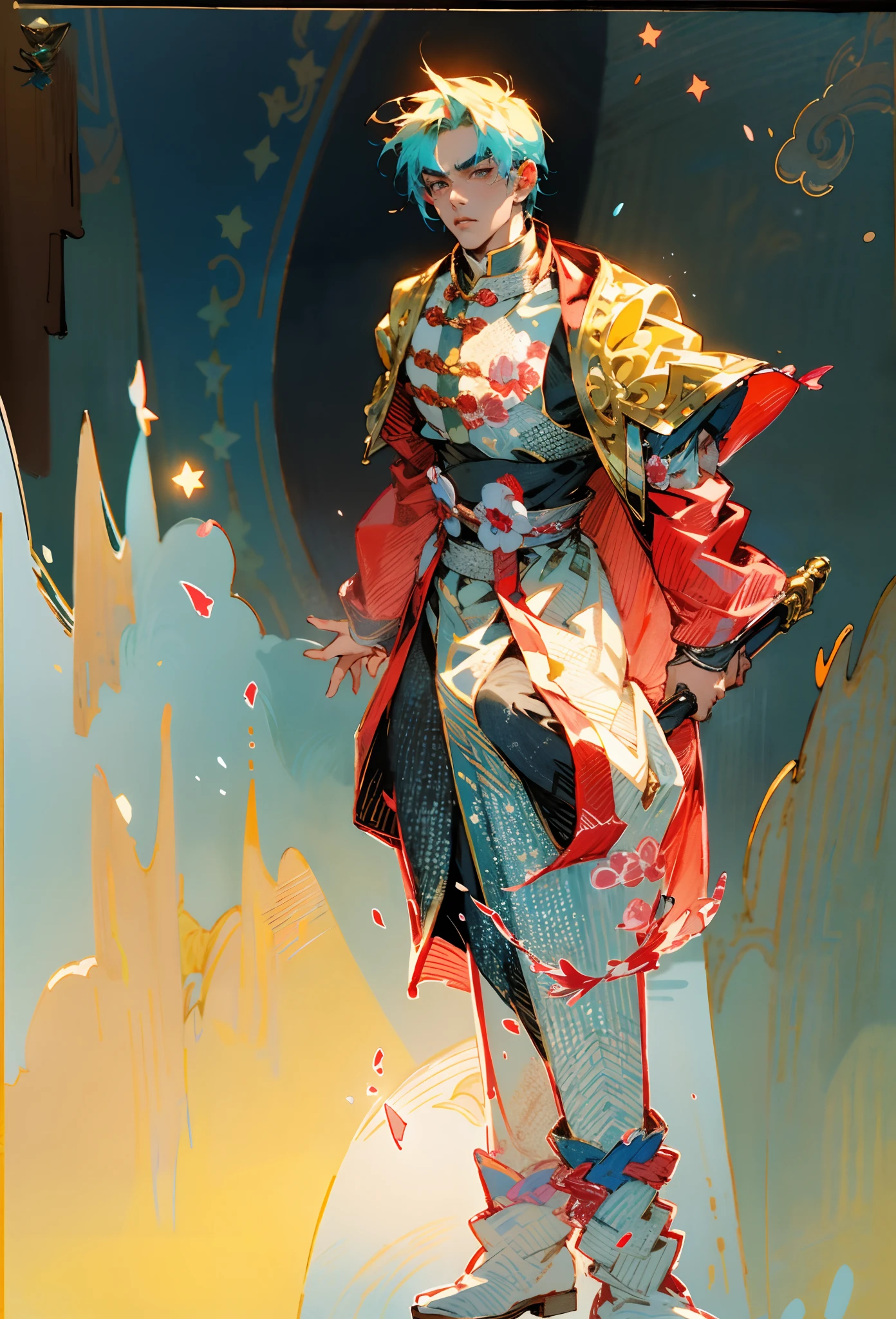 A young man with short aquamarine hair, sharp eyebrows, starry eyes, radiating a righteous aura, a two-piece fantasy wuxia-style outfit, featuring a traditional Chinese martial arts long gown, a wide overcoat, flowing sleeves, the color scheme is mainly red and white, with yellow as secondary colors, matching trousers, sturdy cloth boots, the background depicts a dreamy pattern of geometric symbols and stars, this character embodies a finely crafted fantasy-style Chinese martial hero in anime style, characterized by an exquisite and mature manga illustration art style, full body character drawing, high definition, best quality, highres, ultra-detailed, ultra-fine painting, extremely delicate, professional, anatomically correct, symmetrical face, extremely detailed eyes and face, high quality eyes, creativity, RAW photo, UHD, 8k, Natural light, cinematic lighting, masterpiece:1.5