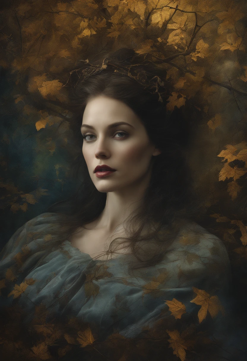 Heroine of Sleepy Hollow, magical fantasy art is done in oil paint and liquid chrome, liquid gold, liquid black, liquid rainbow, splattered paint, two parts in one art, double exposure, best quality, dark tales, art on a cracked paper, fairytale, patchwork, stained glass, storybook detailed illustration, cinematic, ultra highly detailed, tiny details, beautiful details, mystical, luminism, vibrant colors, complex background, resolution hyperdetailed intricate liminal eerie precisionism, DSLR filmic hyperdetailed, intricate background, fantasy creepy nightmare, dark luminescent art by Tim Burton, Alyssa Monks, Brian Froud, Arthur Rackham, Jean Baptiste Monge, Alberto Seveso, Jeremy Mann, Gris Grimly