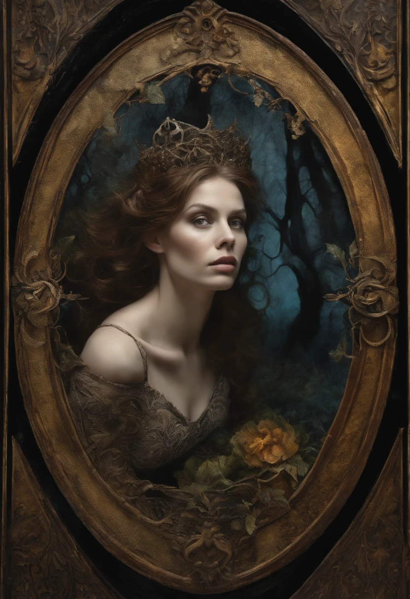 Heroine of Sleepy Hollow, magical fantasy art is done in oil paint and liquid chrome, liquid gold, liquid black, liquid rainbow, splattered paint, two parts in one art, double exposure, best quality, dark tales, art on a cracked paper, fairytale, patchwork, stained glass, storybook detailed illustration, cinematic, ultra highly detailed, tiny details, beautiful details, mystical, luminism, vibrant colors, complex background, resolution hyperdetailed intricate liminal eerie precisionism, DSLR filmic hyperdetailed, intricate background, fantasy creepy nightmare, dark luminescent art by Tim Burton, Alyssa Monks, Brian Froud, Arthur Rackham, Jean Baptiste Monge, Alberto Seveso, Jeremy Mann, Gris Grimly