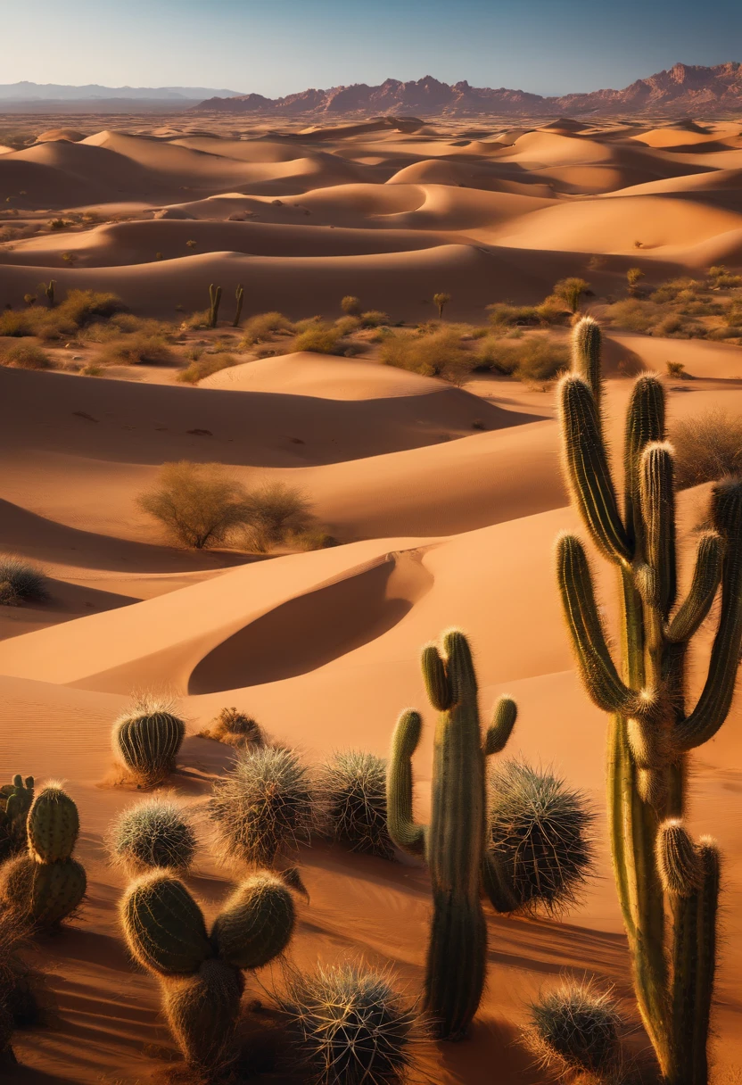 Endless desert、sand dunes、people walking,Tenacious cacti,Close-up shot shots,Desert Oasis,It represents the eternity of life,Concept Art Wallpaper 8K, Detailed 8K concept art, top-quality
