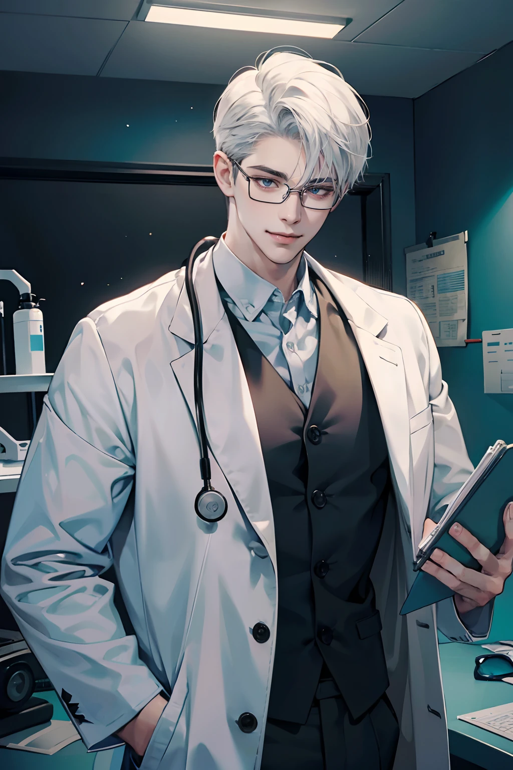 1 boy,Handsome face, perfect male body,look at the camera, (Evil smile,Doctor, white coat, notebook in hand,eyeglasses,hospital ward), stethoscope, Dim light,dark room,masterpiece,portrait,Ray tracing