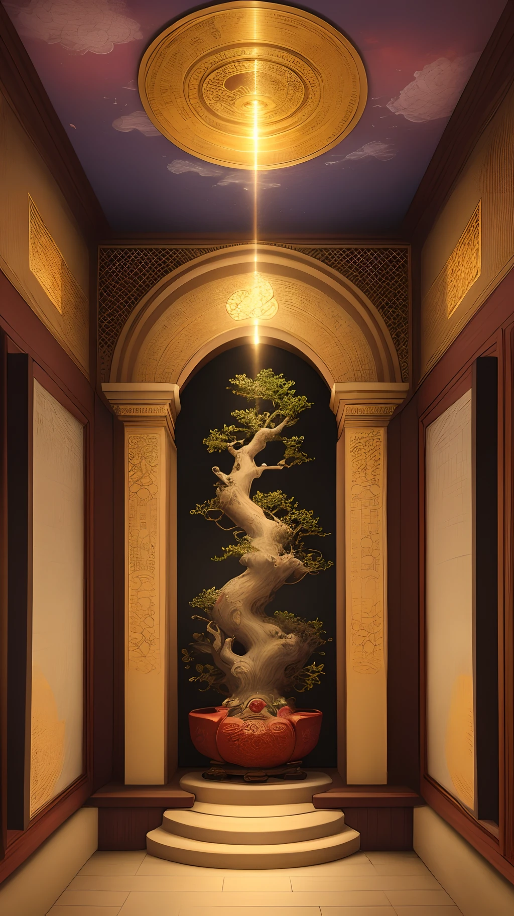 Bonsai Chinese cherry blossom tree, In yellow sunlight，autumnal，By the window，Chinese style wooden furniture,High- sharpness，CG，