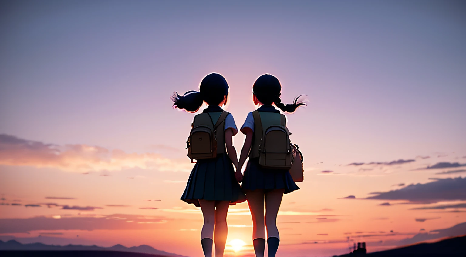 faraway backview of two young school girls going home from school holding hands, long silhouette behind them, first girl is taller with ponytail, second girl's hair is braided, sunset, 3D pixar style, High-res
