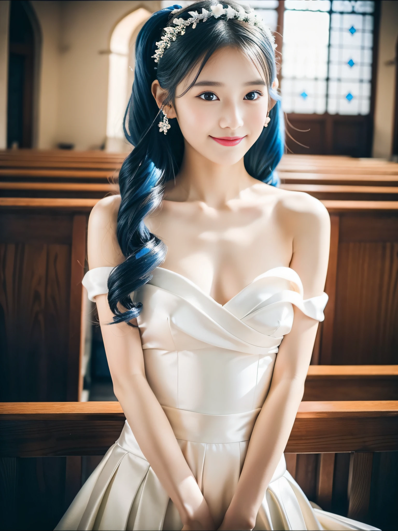 (32k,high detal,high-resolutionhigh-resolution,Attention to detail,full body Esbian,1 girl:1.3),Raw photo & realistic atmosphere,beautiful dark blue eyes,Detailed mouth,Glossy lips,Detailed eyebrows,Soft white skin that shines with every detail,Eyes drawn in detail、Blue eyes,Very beautiful eyes,Detailed lips、Very beautiful face,Very well-formed face、Lifelike face,shiny beautiful lips, Very beautiful bride, Japanese ido,Korean Idols,Japan fashion models, Japan Bride,Korean Fashion Models,Very beautiful but cute16-year-old girl,with a flushed face,Incredibly cute16-year-old bride,(A church with glittering light shining through stained glass and a fantastic atmosphere,Heart Dance,Cute 16 year old girl chews happiness:1.4),(Cinematic scenes:1.3),(discreet well-shaped breasts,Immature body,Moist eyes,kindly smile:1.2),(Neat and elegant16 year old beautiful girl,From below,Be curious,taken from the under,Wide-angle shooting from below,Very blue hair,The hairstyle is neatly rolled up.、Tied to the head,16-year-old lolil1a person,Skin all over the body feels moisturized,Wearing a voluminous blue prom dress with fancy design,White tights,Neat cute loli girth baby face,Sexy Beautiful Girl,Medium chest:1.5),(beautiful hair decoration,Luxurious and beautiful ornaments,Petals flutter in the air,Petals descend from the air,Bride with a graceful and noble impression,Dressed in the bride's costume,a blond,Golden hair,long skirt,Flipping a long skirt with your hands,Lift the long skirt to the very edge,Bride Costume,Sit on the altar of the church,Call the camera,Step on the camera,Stomp on the camera,Staring at the camera from above with elation:1.7)