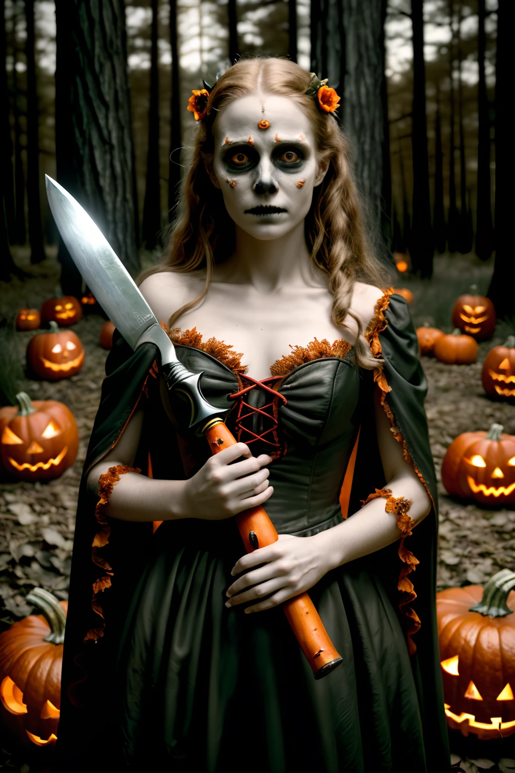 (Masterpiece), Photorealistic, RAW photo,  cinematic image, Depth of field, Film grain, Highly detailed, Halloween costume with pumpkin face, perfect human body, in long red mantle, hand holding a big long knife, creepy, in the dead horrible forest, starry night, deep shadows, Kodak Portra 400, film grain, pale skin, the gaze is directed towards the viewer, bokeh, vintage aesthetic, noire, Centered image, naturally pose, 8K resolution, vivid colours