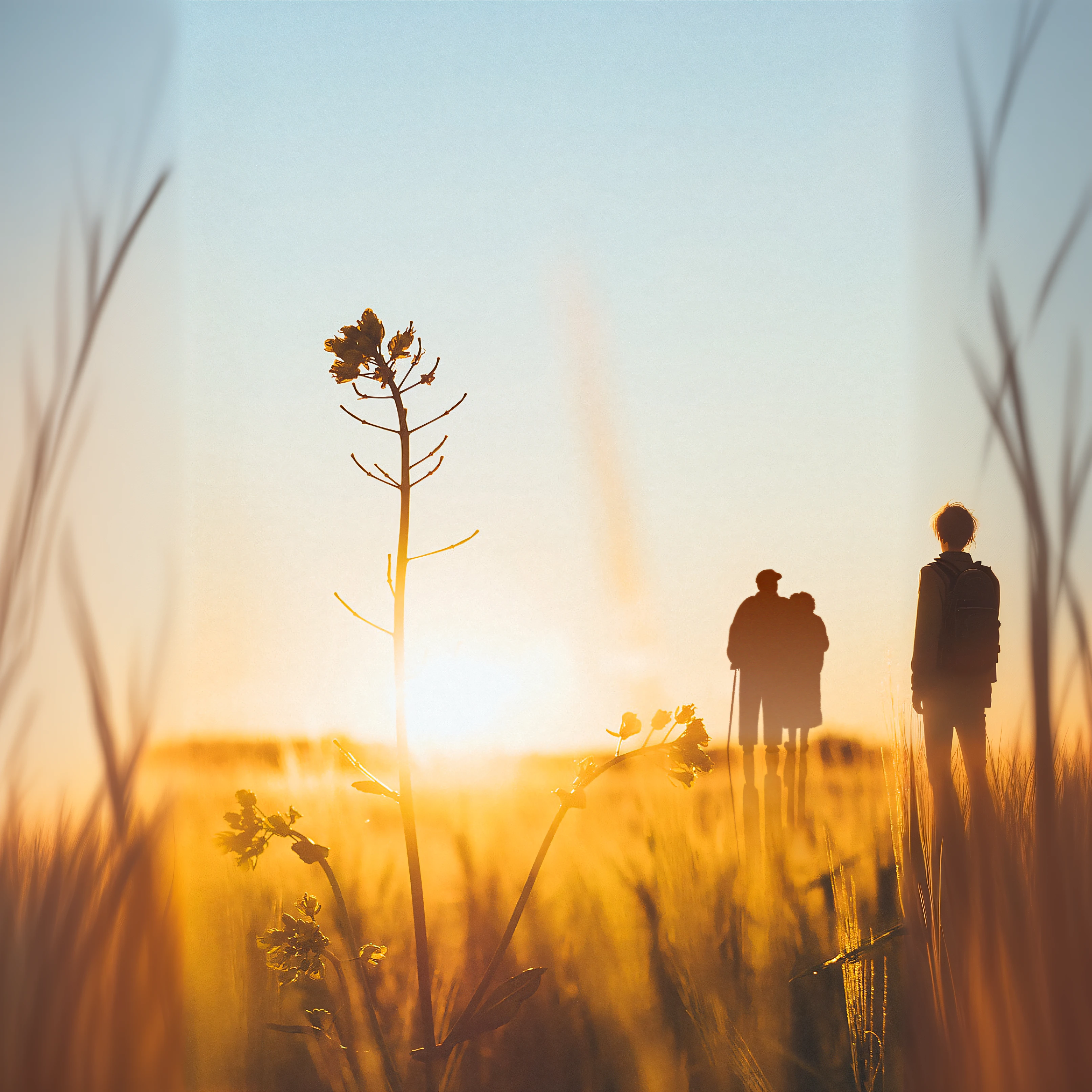 There was a man standing in a field with a backpack on his back, standing in the grass at sunset, Silhouette of the field behind you, shot at golden hour, golden hour photography, standing in a field, author：Jesper Knudsen, backlit golden hour, in the golden hour, in the golden hour, prime time, author：Adam Maczynski