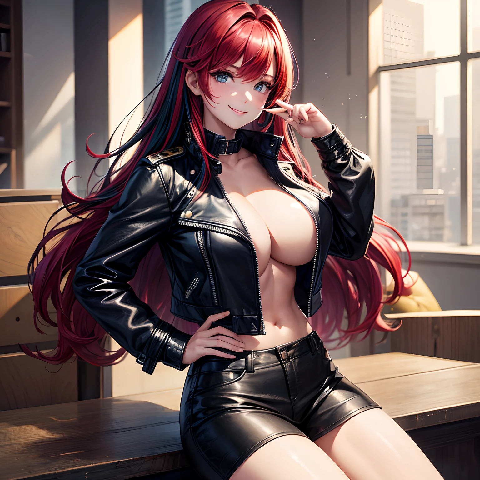 a beauty girl，girl with，A smile，Leather jacket over uniform shirt，top-quality，​masterpiece，Colossal tits，超A high resolution，multicolored hair，Excellent style，Perfect facial features，a beauty girl，modeled，girl，