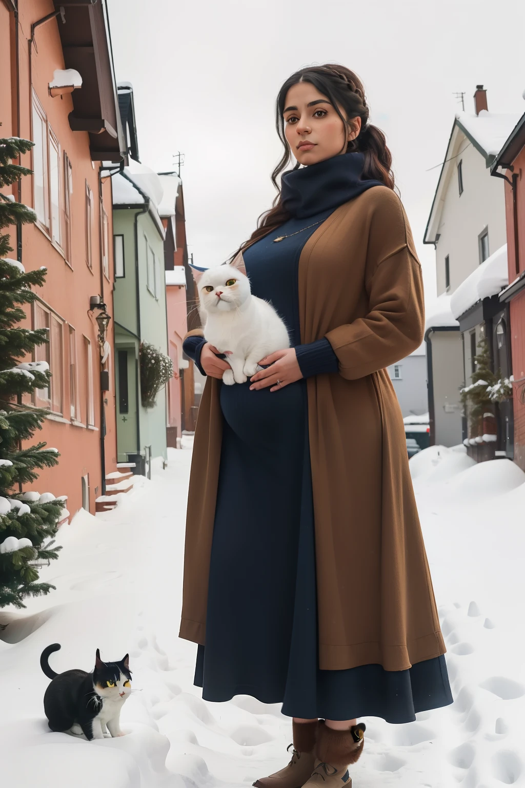 year: 2023. Location: Sweden. Pre-Raphaelite scene with a 33-year-old woman, persian, pregnant, (((holding a cat))), winter, snow, terraced houses ((((casual winter Clothing from the 2020s)))) ((Hairstyle of the 2020s)), ((("OMITB" cinematography)))
