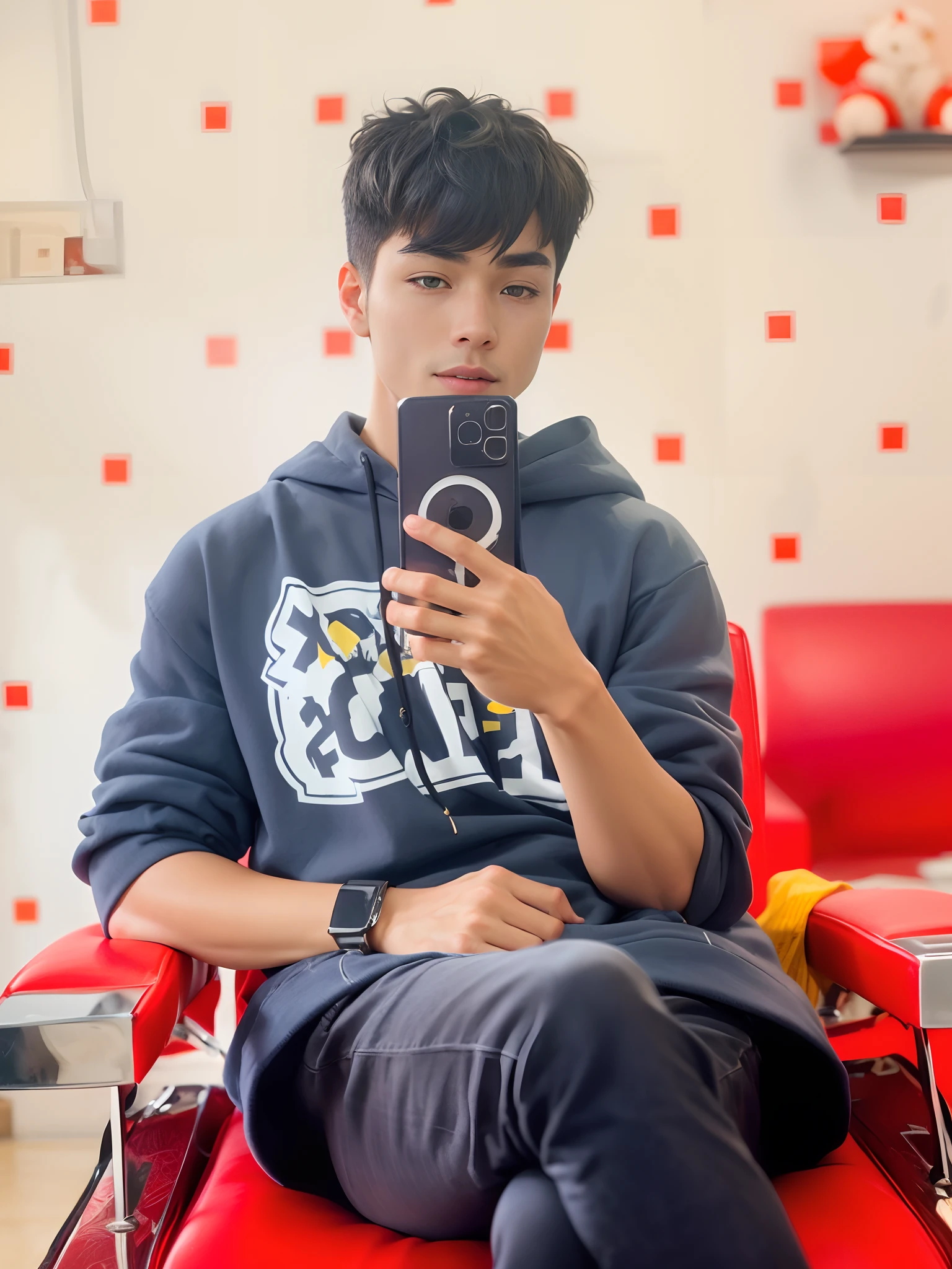 (Best quality,Ultra-detailed,Realistic:1.37),half-body portrait,oriental male，pupils，dressed in casual attire，Hooded sweatshirt，One eye glows blue light,attractive young man,Portrait of the upper body on the front,Sharp focus,Handsome face,trendy hair,Blue eyes,a slight smile on the corners of the mouth,Strong gaze,strong jawline,Fine facial features,Neat appearance,fashion sense,confident pose,Vivid colors,Soft lighting，Behind it is the city and the bizarre light