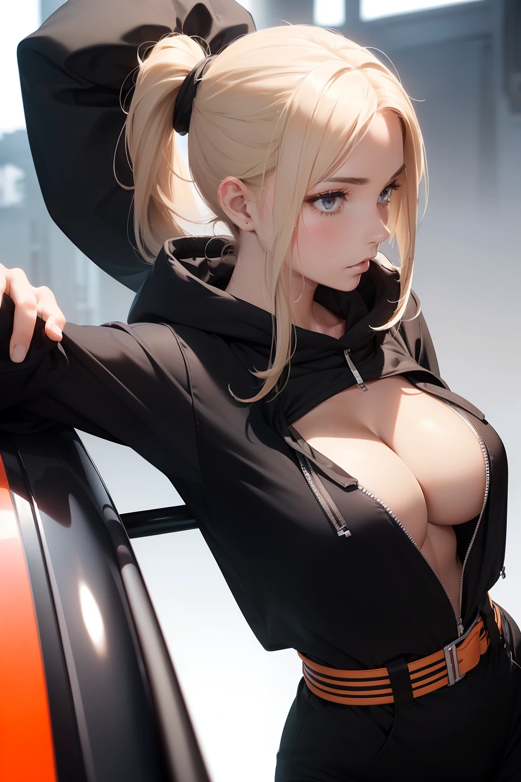 ((masterpiece, best quality, cinematic, photorealistic, ultra-detailed)), ((close-up shot, front view:1.5)), ((perfect anatomy, perfect eyes, perfect hands, large cleavage, round legs:1.2)), ((female mechanic)), ((black coveralls with bright orange accents, reflective strips, a built-in belt, and a detachable hood)), ((platinum blonde, long hair tied into a low ponytail to fit comfortably under the hood)), ((sensual pose)), ((dynamic background))