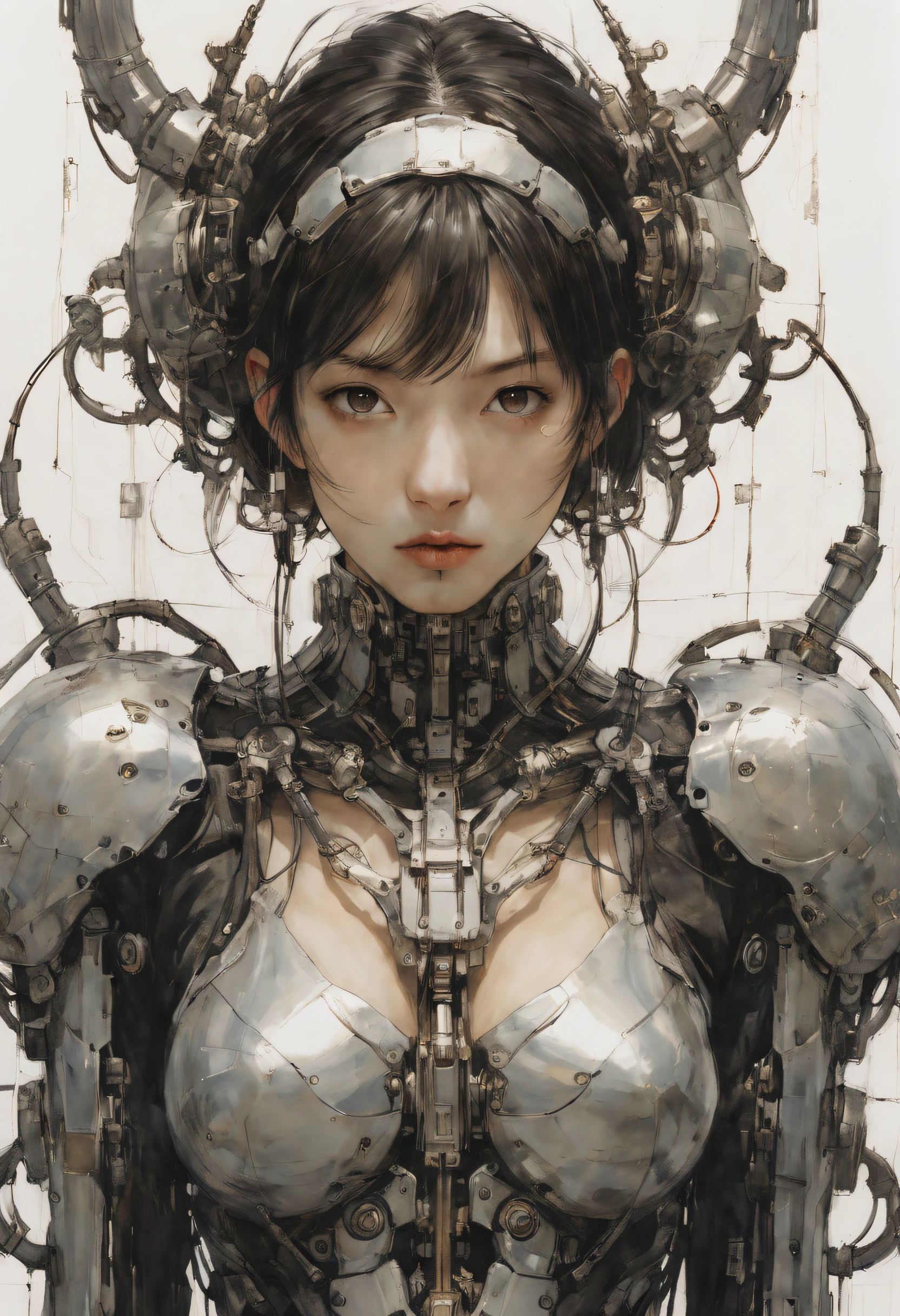 xxmixgirl,1 demon girl mechanical arms detailed face closeup summoning circle cave rituals (art by Yoji Shinkawa Yoshitaka Amano )