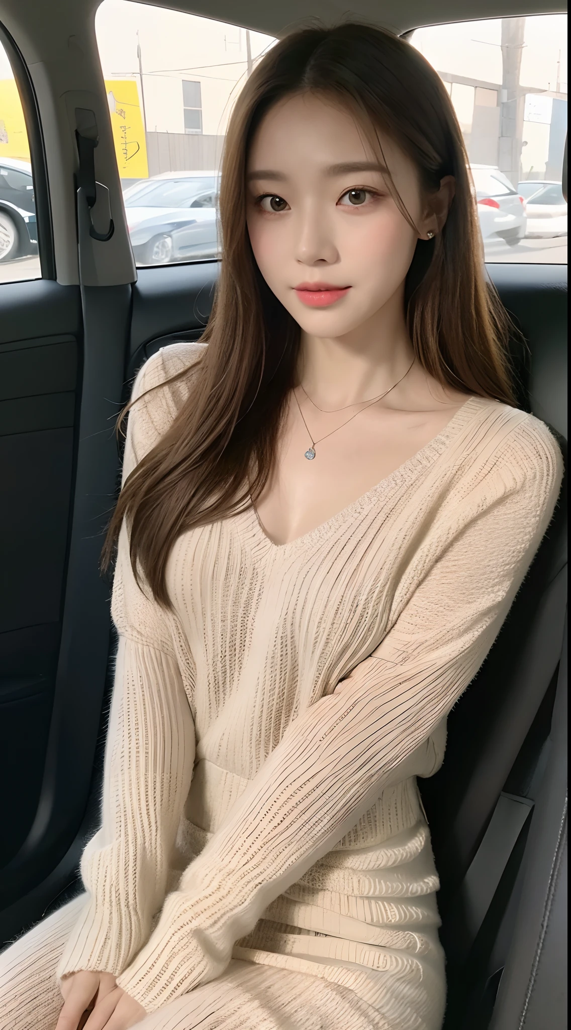 ((Best Quality, 8k, Masterpiece:1.3)), Focus:1.2, Perfect Body Beauty:1.4, Buttocks:1.2, ((Delicate Hair)), (Sweater Dress:1.1) , (Sports car, street: 1.2), Highly detailed face and skin texture, Detailed eyes, Double eyelids, whitening skin, Big breasts, smile, wearing necklaces, rings, people sitting in cars with their buttocks up,