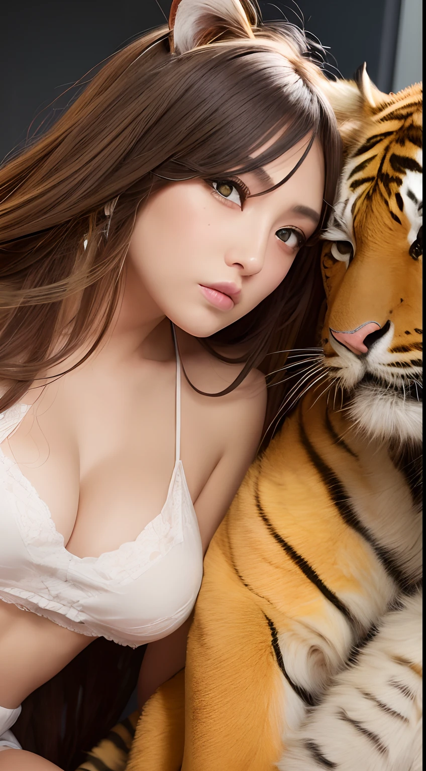 She is a tiger beastman、Yellow eyes、Yellow and beautiful skin、Tiger print hair、