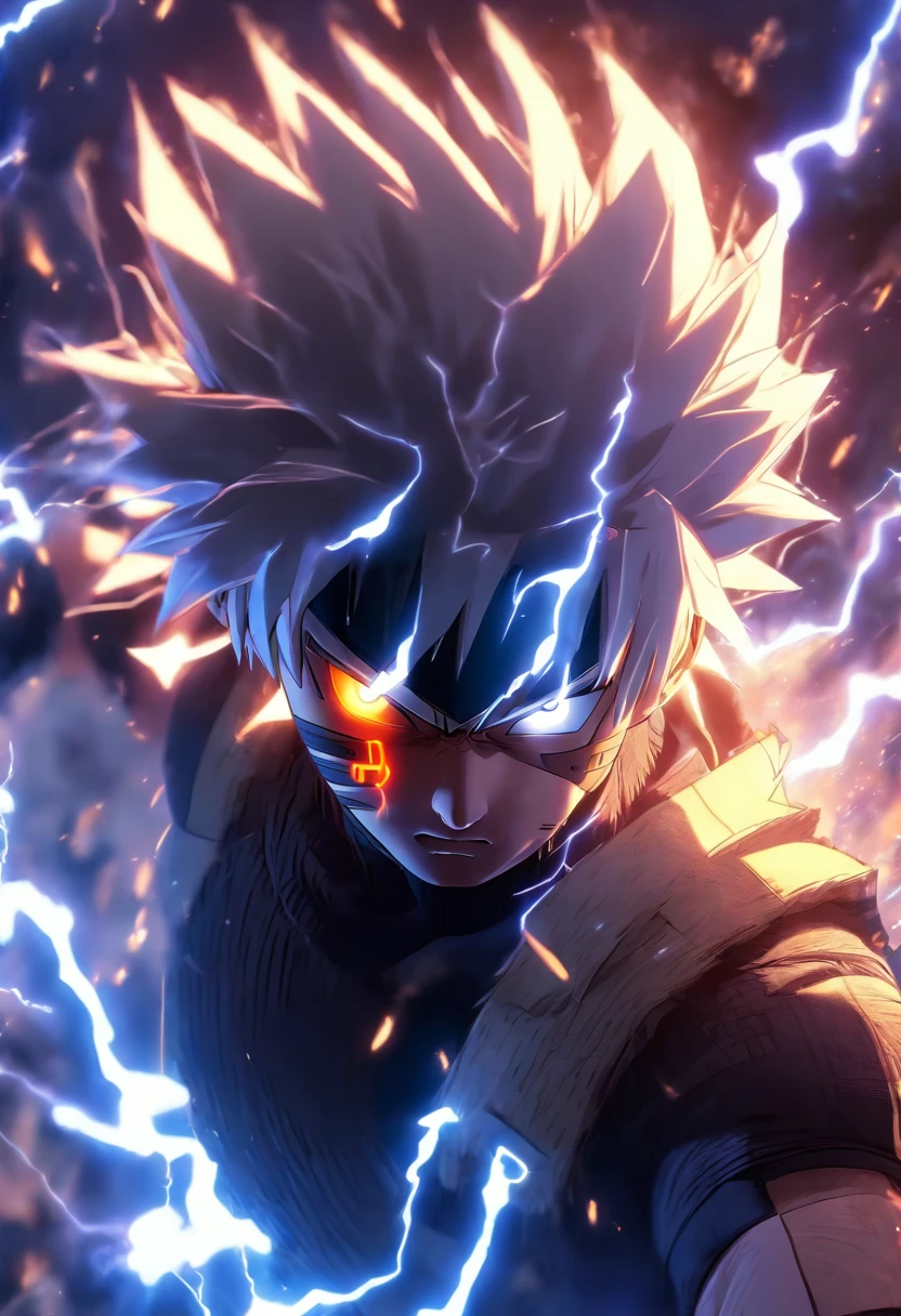 kakashi hatake, (In a firestorm,Around Lightning Thunder VFX), Masterpiece, Best quality, hyper qualit, absurd details, Best light, Best shadow, Sharp, Clear picture, Detailed face, Detailed eyes, detailed hairs, Detailed, Extremely detailed, A high resolution, 8K, 4K, hyper HD, Ray tracing, beautiful effects, Pictures (full bodyesbian)