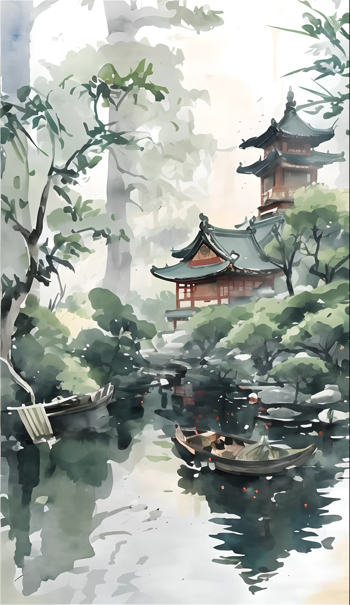 Painting of a boat in a pond，In the background is a pagoda, Chinese watercolor style, Traditional Chinese watercolor, Chinese watercolor, Chinese landscape, digital painting of a pagoda, chinese water color, japan watercolour, Chinese style painting, Chinese painting style, inspired by Kim Hong-do, Traditional Chinese painting, japan watercolour, inspired by Huang Binhong, Watercolor landscape