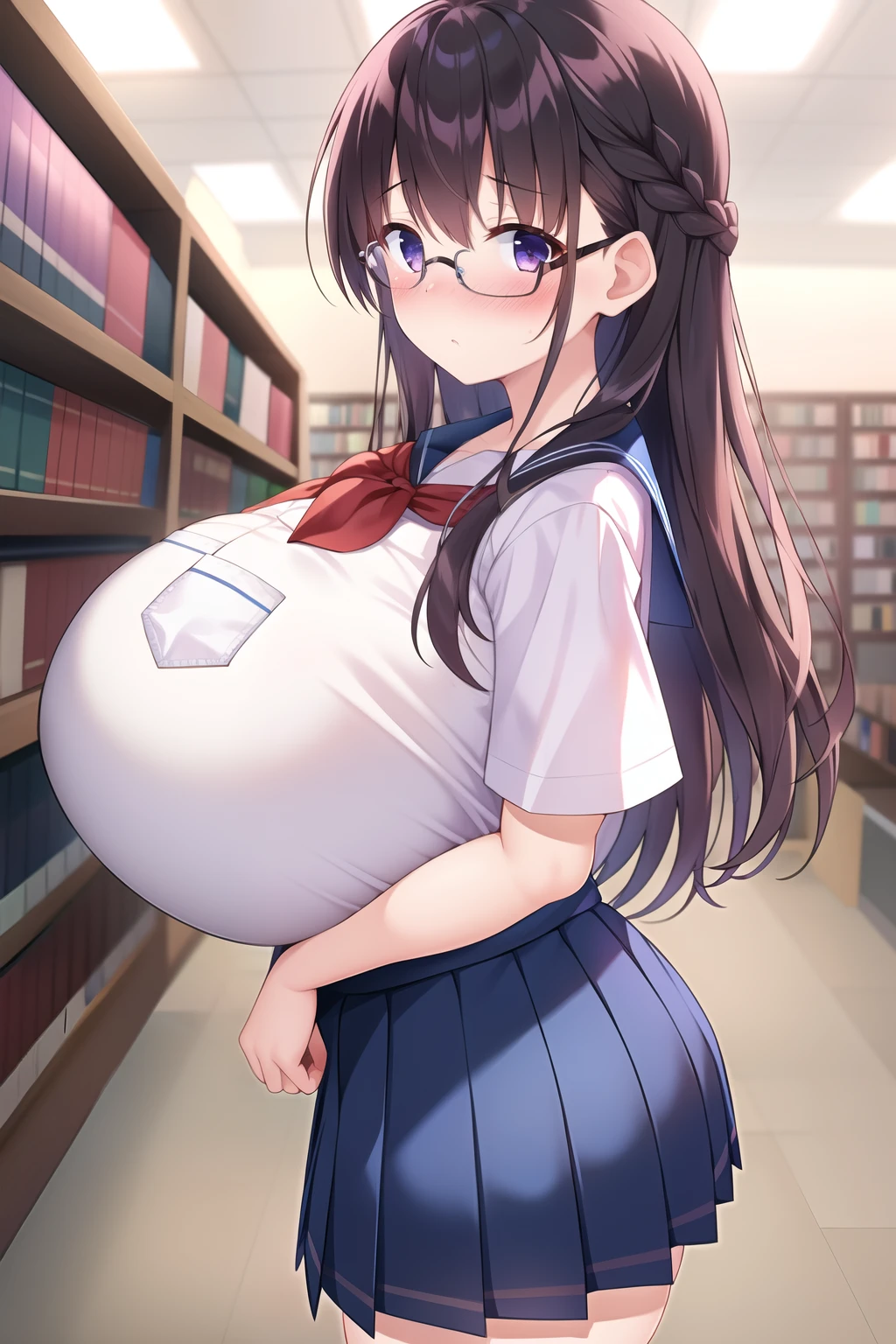masterpiece, 1girl, pov, flustered, (huge breast), Library, from side, Intricate Iris Details, black hair, Braid, glasses, School uniform, white Shirt, pleated skirt, chest pocket, looking at viewer