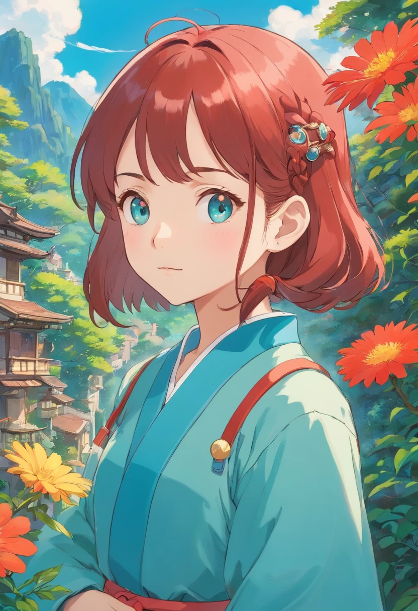 uma menina usando um colar de anime, um colar longo e brincos, no estilo de paisagens de jardim tranquilas, animated color photos, Masami Teraoka, aquamarine, Paulo Gauguin, Estilo Embry, retrato honesto