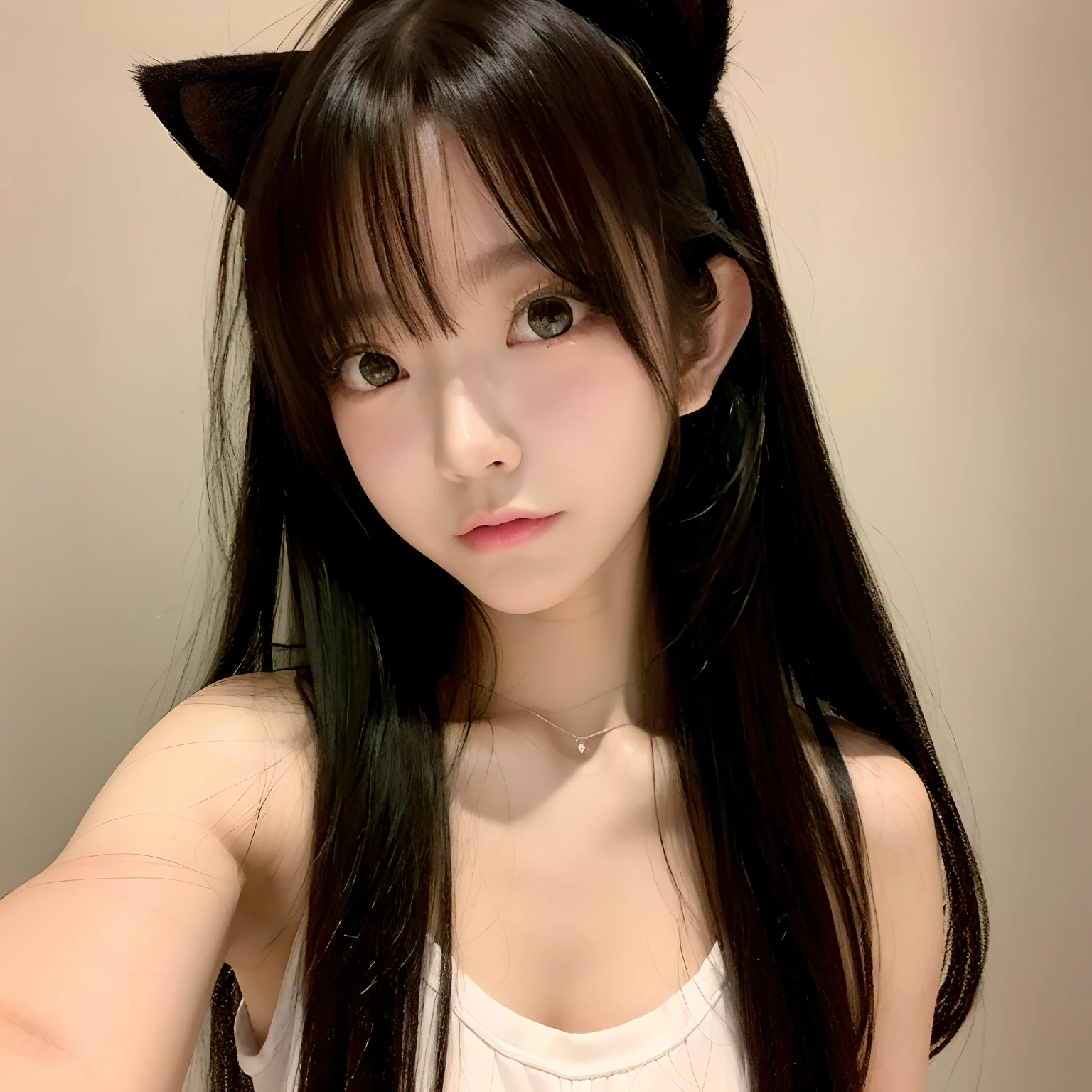 1girl, animal_ear_fluff, animal_ears, bangs, bare_shoulders, black_hair, blush, breasts, cat_ears, closed_mouth, eyebrows_visible_through_hair, green_eyes, grey_background, hair_between_eyes, karyl_(princess_connect!), long_hair, looking_at_viewer, medium_breasts, multicolored_hair, shirt, simple_background, sleeveless, sleeveless_shirt, solo, upper_body, white_background, white_shirt,