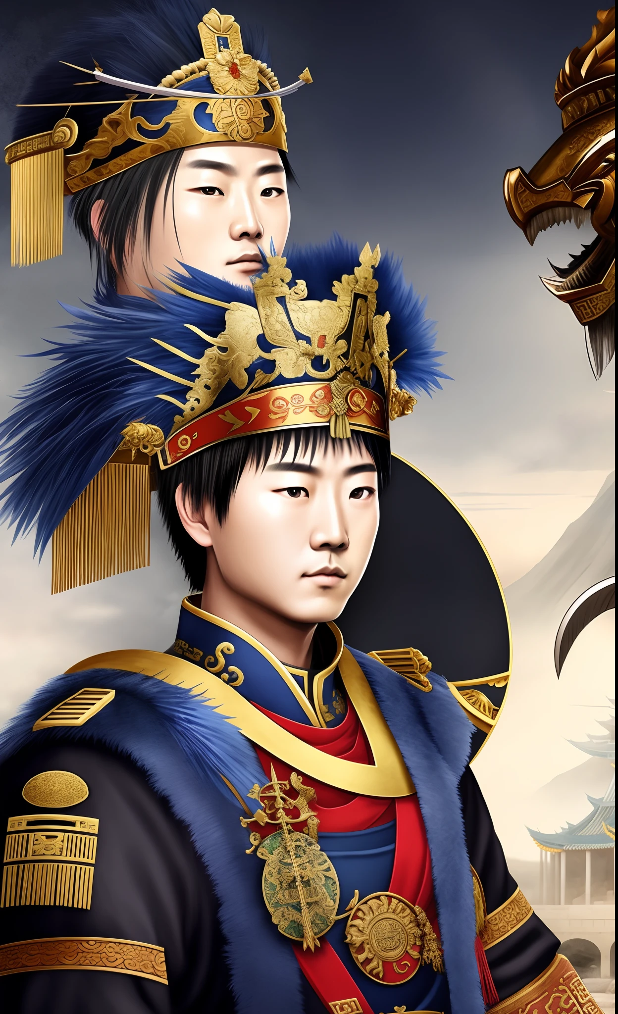 Create the of an empire of Aquavoltaic like a mix between a Roman and Chinese emperor he have short hair