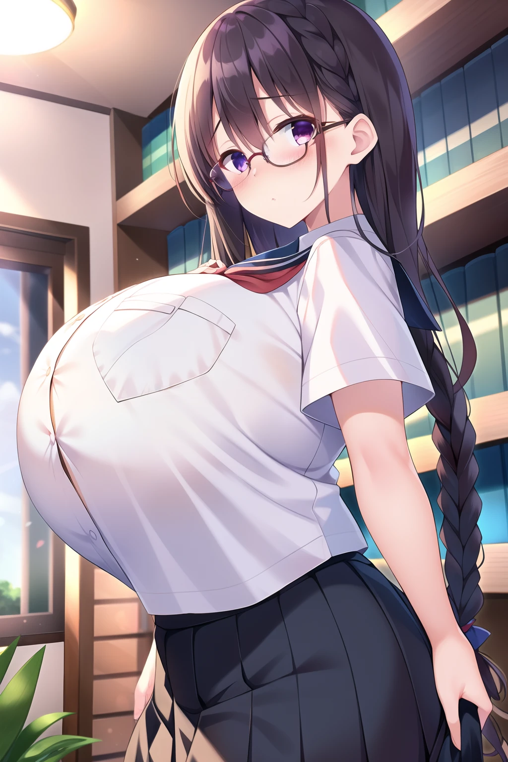 masterpiece, 1girl, pov, flustered, (huge breast), Library, from side, Intricate Iris Details, black hair, Braid, glasses, School uniform, white Shirt, pleated skirt, chest pocket, looking at viewer