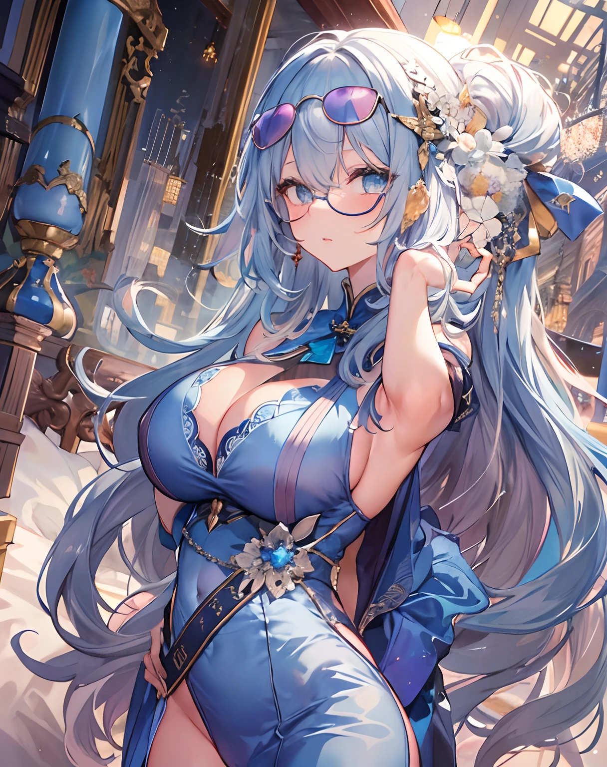 tmasterpiece，1 woman，独奏，long whitr hair，blue hairs，sun glasses，big breasts exposed cleavage：1.2，mob cap，Bedrooms，hand on hips，art，Big breasts，Beautiful breasts，big breasts thin waist，Cocked buttocks，beautifullegs，Long-legged royal sister，